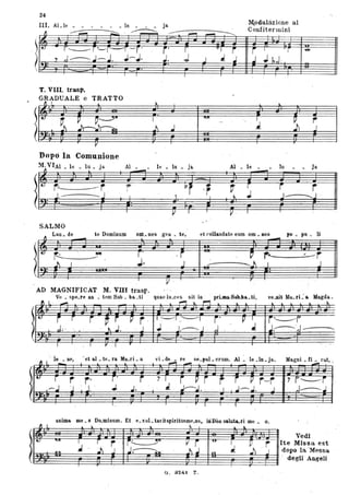 24
III. AL le . . . . . . In . . . ja.
Mpduhizione al
Confitermini~ ~ .....--:::--. ~~
.~
~ . --.
It.: r~r'-I-"I -r' r' r ' I i
~
I
.-, ~
. ~ ,1;'-J--~. J--J. J. J J 1i i ; ~J.. .. ., , , I
SALMO
,., Lau. de te Dominum oDl.• 1Iles gen . te, et ('~ll&Udate eum om. nes po • pu • li
- -
1·
~
l8t r- ·r . ç r~ F_r
--.l I · J. J ..-- ~~ , i J
. -
,
V" r . .
AD MAGNIFICAT M. VIII trasp.
Ve _ spe.re an ~ tem Sab • ba .ti
PII · __
quae lu.ces sit in ' . prLmaSab..h&.ti,
..r-'I " ~ ~ ~-"
ve.nit )la.. ri : & Magda.
~ .. It..
. '
i r i ' ~ r ~ r · t--l .----1 r'
l, . ' . . • I . . J J . '...-..... I ,
,j. . ~ . " .I. ...1- . ...1 . 1:!
I • f !( , r
~ I
ie • nE', ' et al • te. ra 'Ma.ri. a
- ~
MaoO'ni • ti • cat, "
- '
1~ r r r· r. r
-.I j , 'J. ' .J .,J.
"
anima me.8 Do.minum. Et , e.xuLta'itspiritùsmfl.us, hiDeosaluf.a.ri me. o.
/}t
~ " '"
"
lUI
~
r r r~
.... .J J J~".
~ I
" "
~S
'"
J(j
o. a24t z.
~ rJ
Vedi
Ite Missa est
dopo là 'Messa.
" 'degli' Angeli
 
