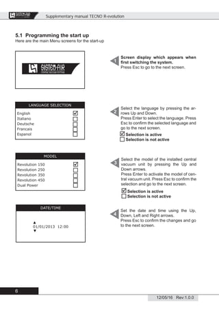Supplementary manual TECNO R-evolution
6
12/05/16 Rev:1.0.0
CENTRAL VACUUM SYSTEMS
ByTecnoplus s.r.l.
5.1 Programming the start up
Here are the main Menu screens for the start-up
Screen display which appears when
ﬁrst switching the system.
Press Esc to go to the next screen.
Select the language by pressing the ar-
rows Up and Down.
Press Enter to select the language. Press
Esc to conﬁrm the selected language and
go to the next screen.
Set the date and time using the Up,
Down, Left and Right arrows.
Press Esc to conﬁrm the changes and go
to the next screen.
1
2
4
DATE/TIME
▲
01/01/2013 12:00
▼
LANGUAGE SELECTION
English
Italiano
Deutsche
Francais
Espanol





Select the model of the installed central
vacuum unit by pressing the Up and
Down arrows.
Press Enter to activate the model of cen-
tral vacuum unit. Press Esc to conﬁrm the
selection and go to the next screen.
3
MODEL
Revolution 150
Revolution 250
Revolution 350
Revolution 450
Dual Power







Selection is active
Selection is not active


Selection is active
Selection is not active
 