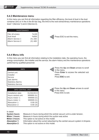 Supplementary manual TECNO R-evolution
10
12/05/16 Rev:1.0.0
CENTRAL VACUUM SYSTEMS
ByTecnoplus s.r.l.
5.4.3 Maintenance menu
In this menu you can ﬁnd all information regarding the ﬁlter efﬁciency, the level of dust in the dust
container (bin) or in the in the Bi-Vac bag, the time to the next extraordinary maintenance operations
level 1 (Service 1) and 2 (Service 2).
5.4.4 Menu info
In this menu you can ﬁnd all information relating to the installation date, the operating hours, the
energy consumption, the installer and the service, the alarm history and the maintenance operations
performed by qualiﬁed personnel.
.
Press ESC to exit the menu.1
MAINTENANCE
Filer efﬁcinecy %100
Dust level %000
Allarm Service 1 (h) 200
Allarm Service 2 (h) 400
In detail:
System hours: Measure in hours during which the central vacuum unit is under tension.
Motor 1 hours: Measure in hours during which the suction was active
Motor 2 hours: This option is not active on this model.
Absorption 1: Information about the current absorbed by the central vacuum system in Ampere.
Absorption 2: This option is not active on this model.
1INFO
Central unit
Installer
Service
Last alarms
Statistics Alarms
Statistics Service
Press the Up and Down arrows to scroll
in the menu.
Press Enter to access the selected sub
menu.
Press ESC to exit.
INFO CENTRAL UNIT
Installation date 01/04/2013
Hours central unit 999999 (h)
Hours motor 1: 999999 (h)
Hours motor 1: 999999 (h)
Absorption 1: 0.00 (A)
Absorption 2: 0.00 (A)
2
Press the Up and Down arrows to scroll
in the menu.
Press ESC to exit.
 