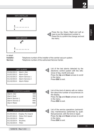 2
12/05/16 Rev:1.0.0
List of the service operations (extraordi-
nary maintenance) performed by quali-
ﬁed personnel, with the kind or repair.
Press the Up and Down arrows to scroll
in the menu.
Press ESC to exit.
STATISTICS SERVICE
01/04/2013: Display PLC board
01/07/2013: Motor PLC board
01/10/2013: Motor
01/10/2014: Brushes
01/10/2014: Filter
In detail:
Installer: Telephone number of the installer of the central vacuum system.
Service: Telephone number of the authorized Service Center.
3
Press the Up, Down, Right and Left ar-
rows to put the telephone number in.
Press Esc to conﬁrm the change and exit
the menu.
LAST ALARMS
01/04/2013: Alarm ﬁlter
01/07/2013: Alarm Dust
01/10/2013: Alarm Service 1
01/10/2014: Alarm Service 2
01/10/2014: Alarm Motor
STATISTICS ALARMS
Alarm ﬁlter 999
Alarm Dust 999
Alarm Service 1 999
Alarm Service 2 999
Alarm Motor 999
List of the last alarms detected by the
electronic control system with the refe-
rence of day, month and year.
Press the Up and Down arrows to scroll
in the menu.
Press ESC to exit.
4
List of the kind of alarms with an indica-
tion about the number of occurrences on
the display.
Press the Up and Down arrows to scroll
in the menu.
Press ESC to exit.
5
6
INFO INSTALLER
▲
* * * * * * * * * *
▼
INFO SERVICE
▲
* * * * * * * * * *
▼
11
English
 