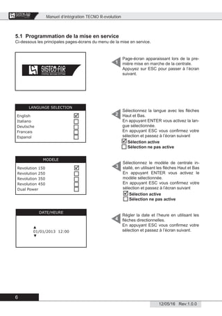 Manuel d’intégration TECNO R-evolution
6
12/05/16 Rev:1.0.0
CENTRAL VACUUM SYSTEMS
ByTecnoplus s.r.l.
5.1 Programmation de la mise en service
Ci-dessous les principales pages-écrans du menu de la mise en service.
Page-écran apparaissant lors de la pre-
mière mise en marche de la centrale.
Appuyez sur ESC pour passer à l’écran
suivant.
1
Sélectionnez la langue avec les ﬂèches
Haut et Bas.
En appuyant ENTER vous activez la lan-
gue sélectionnée.
En appuyant ESC vous conﬁrmez votre
sélection et passez à l’écran suivant
Régler la date et l’heure en utilisant les
ﬂèches directionnelles.
En appuyant ESC vous conﬁrmez votre
sélection et passez à l’écran suivant.
2
4
DATE/HEURE
▲
01/01/2013 12:00
▼
LANGUAGE SELECTION
English
Italiano
Deutsche
Francais
Espanol





Sélectionnez le modèle de centrale in-
stallé, en utilisant les ﬂèches Haut et Bas
En appuyant ENTER vous activez le
modèle sélectionnée.
En appuyant ESC vous conﬁrmez votre
sélection et passez à l’écran suivant
3
MODELE
Revolution 150
Revolution 250
Revolution 350
Revolution 450
Dual Power







Sélection active
Sélection ne pas active


Sélection active
Sélection ne pas active
 