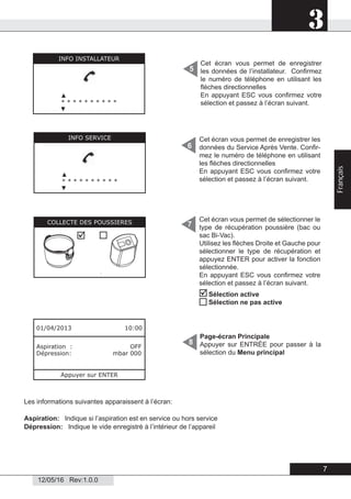 3
12/05/16 Rev:1.0.0
Page-écran Principale
Appuyer sur ENTRÉE pour passer à la
sélection du Menu principal
8
Les informations suivantes apparaissent à l’écran:
Aspiration: Indique si l’aspiration est en service ou hors service
Dépression: Indique le vide enregistré à l’intérieur de l’appareil
Cet écran vous permet de enregistrer
les données de l’installateur. Conﬁrmez
le numéro de téléphone en utilisant les
ﬂèches directionnelles
En appuyant ESC vous conﬁrmez votre
sélection et passez à l’écran suivant.
5
6
7
01/04/2013 10:00
Aspiration : OFF
Dépression: mbar 000
Appuyer sur ENTER
Cet écran vous permet de enregistrer les
données du Service Après Vente. Conﬁr-
mez le numéro de téléphone en utilisant
les ﬂèches directionnelles
En appuyant ESC vous conﬁrmez votre
sélection et passez à l’écran suivant.
Cet écran vous permet de sélectionner le
type de récupération poussière (bac ou
sac Bi-Vac).
Utilisez les ﬂèches Droite et Gauche pour
sélectionner le type de récupération et
appuyez ENTER pour activer la fonction
sélectionnée.
En appuyant ESC vous conﬁrmez votre
sélection et passez à l’écran suivant.
INFO INSTALLATEUR
▲
* * * * * * * * * *
▼
INFO SERVICE
▲
* * * * * * * * * *
▼
COLLECTE DES POUSSIERES



Sélection active
Sélection ne pas active
7
Français
 
