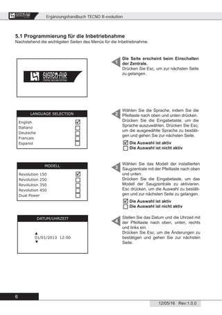 Ergänzungshandbuch TECNO R-evolution
6
12/05/16 Rev:1.0.0
CENTRAL VACUUM SYSTEMS
ByTecnoplus s.r.l.
5.1 Programmierung für die Inbetriebnahme
Nachstehend die wichtigsten Seiten des Menüs für die Inbetriebnahme.
Die Seite erscheint beim Einschalten
der Zentrale.
Drücken Sie Esc, um zur nächsten Seite
zu gelangen.
Wählen Sie die Sprache, indem Sie die
Pfeiltaste nach oben und unten drücken.
Drücken Sie die Eingabetaste, um die
Sprache auszuwählen. Drücken Sie Esc,
um die ausgewählte Sprache zu bestäti-
gen und gehen Sie zur nächsten Seite.
Wählen Sie das Modell der installierten
Saugzentrale mit der Pfeiltaste nach oben
und unten.
Drücken Sie die Eingabetaste, um das
Modell der Saugzentrale zu aktivieren.
Esc drücken, um die Auswahl zu bestäti-
gen und zur nächsten Seite zu gelangen.
Stellen Sie das Datum und die Uhrzeit mit
der Pfeiltaste nach oben, unten, rechts
und links ein.
Drücken Sie Esc, um die Änderungen zu
bestätigen und gehen Sie zur nächsten
Seite.
1
2
3
4
Die Auswahl ist aktiv
Die Auswahl ist nicht aktiv


Die Auswahl ist aktiv
Die Auswahl ist nicht aktiv


DATUM/UHRZEIT
▲
01/01/2013 12:00
▼
LANGUAGE SELECTION
English
Italiano
Deutsche
Francais
Espanol





MODELL
Revolution 150
Revolution 250
Revolution 350
Revolution 450
Dual Power





 