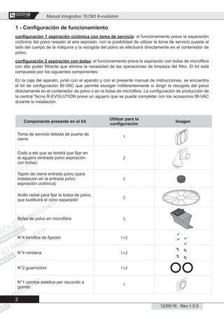Manual integrativo TECNO R-evolution
2
12/05/16 Rev:1.0.0
CENTRAL VACUUM SYSTEMS
ByTecnoplus s.r.l.
Componente presente en el kit
Utilizar para la
conﬁguración
Imagen
Toma de servicio dotada de puerta de
cierre
1
Codo a ele que se tendrá que ﬁjar en
el agujero (entrada polvo aspiración
con bolsa)
2
Tapón de cierre entrada polvo (para
instalación en la entrada polvo
aspiración ciclónica)
2
Anillo radial para ﬁjar la bolsa de polvo,
que sustituirá el cono separador
2
Bolsa de polvo en microﬁbra 2
N°4 tornillos de ﬁjación 1+2
N°4 rondana 1+2
N°2 guarnizioni 1+2
N°1 cornice estetica per raccordo a
gomito
1
1 - Conﬁguración de funcionamiento
conﬁguración 1 aspiración ciclónica con toma de servicio: el funcionamiento preve la separación
ciclónica del polvo respeto al aire aspirado, con la posibilidad de utilizar la toma de servicio puesta al
lado del cuerpo de la máquina y la recogida del polvo se efectuará directamente en el contenedor de
polvo;
conﬁguración 2 aspiración con bolsa: el funcionamiento preve la aspiración con bolsa de microﬁbra
con alto poder ﬁltrante que elimina la necesidad de las operaciones de limpieza del ﬁltro. El kit está
compuesto por los siguientes componentes:
En la caja del aparato, junto con el aparato y con el presente manual de instrucciones, se encuentra
el kit de conﬁguración BI-VAC que permite escoger indiferentemente si dirigir la recogida del polvo
directamente en el contenedor de polvo o en la bolsa de microﬁbra. La conﬁguración de producción de
la central Tecno R-EVOLUTION preve un agujero que se puede completar con los accesorios BI-VAC
durante la instalación.
Domestic
4 toorrnilllo
mestic
gomommito
co
o
ornnicce e
Domestic
stic
Bolsasaa de
o
 