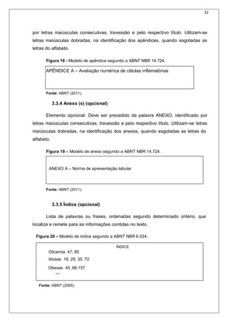 32
por letras maiúsculas consecutivas, travessão e pelo respectivo título. Utilizam-se
letras maiúsculas dobradas, na identificação dos apêndices, quando esgotadas as
letras do alfabeto.
Figura 18 - Modelo de apêndice segundo a ABNT NBR 14.724.
APÊNDICE A – Avaliação numérica de células inflamatórias
Fonte: ABNT (2011).
3.3.4 Anexo (s) (opcional)
Elemento opcional. Deve ser precedido da palavra ANEXO, identificado por
letras maiúsculas consecutivas, travessão e pelo respectivo título. Utilizam-se letras
maiúsculas dobradas, na identificação dos anexos, quando esgotadas as letras do
alfabeto.
Figura 19 – Modelo de anexo segundo a ABNT NBR 14.724.
ANEXO A – Norma de apresentação tabular
Fonte: ABNT (2011).
3.3.5 Índice (opcional)
Lista de palavras ou frases, ordenadas segundo determinado critério, que
localiza e remete para as informações contidas no texto.
Figura 20 – Modelo de índice segundo a ABNT NBR 6.034.
ÍNDICE
Glicemia 47, 85
Idosas 18, 29, 35, 72
Obesas 45, 86,157
...
Fonte: ABNT (2005).
 