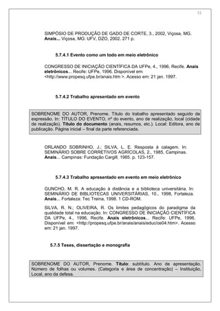53
SIMPÓSIO DE PRODUÇÃO DE GADO DE CORTE, 3., 2002, Viçosa, MG.
Anais... Viçosa, MG: UFV, DZO, 2002. 271 p.
5.7.4.1 Evento como um todo em meio eletrônico
CONGRESSO DE INICIAÇÃO CIENTÍFICA DA UFPe, 4., 1996, Recife. Anais
eletrônicos... Recife: UFPe, 1996. Disponível em:
<http://www.propesq.ufpe.br/anais.htm >. Acesso em: 21 jan. 1997.
5.7.4.2 Trabalho apresentado em evento
SOBRENOME DO AUTOR, Prenome. Título do trabalho apresentado seguido da
expressão. In: TÍTULO DO EVENTO, nº do evento, ano de realização, local (cidade
de realização). Título do documento (anais, resumos, etc.). Local: Editora, ano de
publicação. Página inicial – final da parte referenciada.
ORLANDO SOBRINHO, J.; SILVA, L. E. Resposta à calagem. In:
SEMINÁRIO SOBRE CORRETIVOS AGRÍCOLAS, 2., 1985, Campinas.
Anais... Campinas: Fundação Cargill, 1985. p. 123-157.
5.7.4.3 Trabalho apresentado em evento em meio eletrônico
GUNCHO, M. R. A educação à distância e a biblioteca universitária. In:
SEMINÁRIO DE BIBLIOTECAS UNIVERSITÁRIAS, 10., 1998, Fortaleza.
Anais... Fortaleza: Tec Treina, 1998. 1 CD-ROM.
SILVA, R. N.; OLIVEIRA, R. Os limites pedagógicos do paradigma da
qualidade total na educação. In: CONGRESSO DE INICIAÇÃO CIENTÍFICA
DA UFPe, 4., 1996, Recife. Anais eletrônicos... Recife: UFPe, 1996.
Disponível em: <http://propesq.ufpe.br/anais/anais/educ/ce04.htm>. Acesso
em: 21 jan. 1997.
5.7.5 Teses, dissertação e monografia
SOBRENOME DO AUTOR, Prenome. Título: subtítulo. Ano de apresentação.
Número de folhas ou volumes. (Categoria e área de concentração) – Instituição,
Local, ano da defesa.
51
 