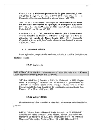 54
CARMO, F. M. S. Estudo de polimorfismo do gene candidato, o fator
miogênico-5 (myf -5), em suínos. 2003. 69 f. Tese (Doutorado em
Zootecnia) - Universidade Federal de Viçosa, Viçosa, MG, 2003.
SANTOS, M. L. Crescimento e alocação de biomassa e de nutrientes
em eucalipto, decorrentes da aplicação de nitrogênio e potássio.
2001. 62 f. Dissertação (Mestrado em Ciências do Solo) - Universidade
Federal de Viçosa, Viçosa, MG, 2001.
CARNEIRO, N. M. Q. Procedimentos básicos para o planejamento
de uma indústria de biscoitos, enfocando a legislação sanitária de
alimentos do estado de Minas Gerais. 2004. 90 f. Monografia
(Especialização em Nutrição e Saúde) - Universidade Federal de Viçosa,
Viçosa, MG, 2004.
5.7.6 Documento jurídico
Inclui legislação, jurisprudência (decisões judiciais) e doutrina (interpretação
dos textos legais).
5.7.6.1 Legislação
PAÍS, ESTADO E MUNICÍPIO. Lei ou decreto, nº, data (dia, mês e ano). Ementa.
Dados de publicação que publicou a lei ou decreto.
SÃO PAULO (Estado). Decreto n. 2563, de 27 de abril de 1998. Dispõe
sobre a atualização cadastral dos aposentados e pensionistas da
Administração Pública Federal direta, autarquia e fundacional do Poder
Executivo da União, Lex: Coletânea de Legislação e Jurisprudência, São
Paulo, v. 62, n. 12, p. 1493-1494, 1998.
5.7.6.2 Jurisprudência
Compreende súmulas, enunciados, acórdãos, sentenças e demais decisões
judiciais.
BRASIL. Tribunal Regional Federal. Apelação cível n. 94.01.12942-8-RO.
Apelante: Ilen Isaac. Apelada: União Federal. Relator: Juiz Flávio Dino.
Rondônia, 25 de agosto de 2000. Lex: jurisprudência do STJ e Tribunais
Regionais Federais, São Paulo, v. 12, n. 136, p. 223-225, dez. 2000.
52
 