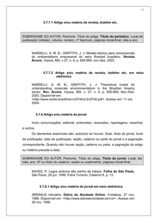 56
5.7.7.1 Artigo e/ou matéria de revista, boletim etc.
SOBRENOME DO AUTOR, Prenome. Título do artigo. Título do periódico. Local de
publicação (cidade), volume, número, nº fascículo, páginas inicial-final, mês e ano.
NARDELLI, A. M. B.; GRIFFITH, J. J. Modelo teórico para compreensão
do ambientalismo empresarial do setor florestal brasileiro. Revista
Árvore, Viçosa, MG, v.27, n. 6, p. 855-869, nov./dez. 2003.
5.7.7.2 Artigo e/ou matéria de revista, boletim etc. em meio
eletrônico
NARDELLI, A. M. B.; GRIFFITH, J. J. Theoretical model for
understanding corporate environmentalism in the Brazilian forestry
sector. Rev. Árvore, Viçosa, MG, v. 27, n. 6, p. 855-869, Nov./Dec.
2003. Disponível em:
<http://www.scielo.br/pdf/rarv/v27n6/a12v27n6.pdf>. Acesso em: 11 oct.
2004.
5.7.8 Artigo e/ou matéria de jornal
Inclui comunicações, editorial, entrevistas, recensões, reportagens, resenhas
e outros.
Os elementos essenciais são: autor(es) se houver, título, titulo do jornal, local
de publicação, data de publicação, seção, caderno ou parte do jornal e a paginação
correspondente. Quando não houver seção, caderno ou parte, a paginação do artigo
ou matéria precede a data.
SOBRENOME DO AUTOR, Prenome. Título do artigo. Título do jornal. Local, dia
mês, ano. Nº ou título do caderno, seção ou suplemento, páginas inicial-final.
NAVES, P. Lagos andinos dão banho de beleza. Folha de São Paulo,
São Paulo, 28 jun. 1999. Folha Turismo. Caderno 8, p. 13.
5.7.8.1 Artigo e/ou matéria de jornal em meio eletrônico
ARRANJO tributário. Diário do Nordeste Online, Fortaleza, 27 nov.
1998. Disponível em: <http://www.diariodonordeste.com.br>. Acesso em:
28 nov. 1998.
54
 