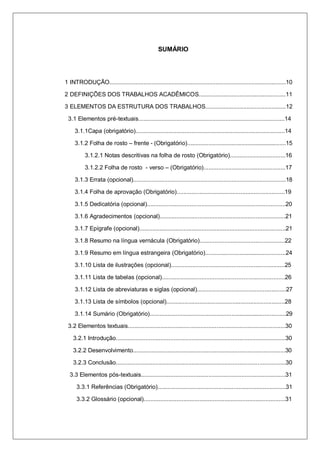 6
SUMÁRIO
1 INTRODUÇÃO............................................................................................................10
2 DEFINIÇÕES DOS TRABALHOS ACADÊMICOS.....................................................11
3 ELEMENTOS DA ESTRUTURA DOS TRABALHOS.................................................12
3.1 Elementos pré-textuais.........................................................................................14
3.1.1Capa (obrigatório)...........................................................................................14
3.1.2 Folha de rosto – frente - (Obrigatório).............................................................15
3.1.2.1 Notas descritivas na folha de rosto (Obrigatório)..................................16
3.1.2.2 Folha de rosto - verso – (Obrigatório)..................................................17
3.1.3 Errata (opcional).............................................................................................18
3.1.4 Folha de aprovação (Obrigatório)..................................................................19
3.1.5 Dedicatória (opcional)....................................................................................20
3.1.6 Agradecimentos (opcional)............................................................................21
3.1.7 Epígrafe (opcional).........................................................................................21
3.1.8 Resumo na língua vernácula (Obrigatório)....................................................22
3.1.9 Resumo em língua estrangeira (Obrigatório)..................................................24
3.1.10 Lista de ilustrações (opcional).....................................................................25
3.1.11 Lista de tabelas (opcional)..........................................................................26
3.1.12 Lista de abreviaturas e siglas (opcional)......................................................27
3.1.13 Lista de símbolos (opcional)........................................................................28
3.1.14 Sumário (Obrigatório)....................................................................................29
3.2 Elementos textuais................................................................................................30
3.2.1 Introdução.......................................................................................................30
3.2.2 Desenvolvimento.............................................................................................30
3.2.3 Conclusão.......................................................................................................30
3.3 Elementos pós-textuais........................................................................................31
3.3.1 Referências (Obrigatório)..............................................................................31
3.3.2 Glossário (opcional)......................................................................................31
 