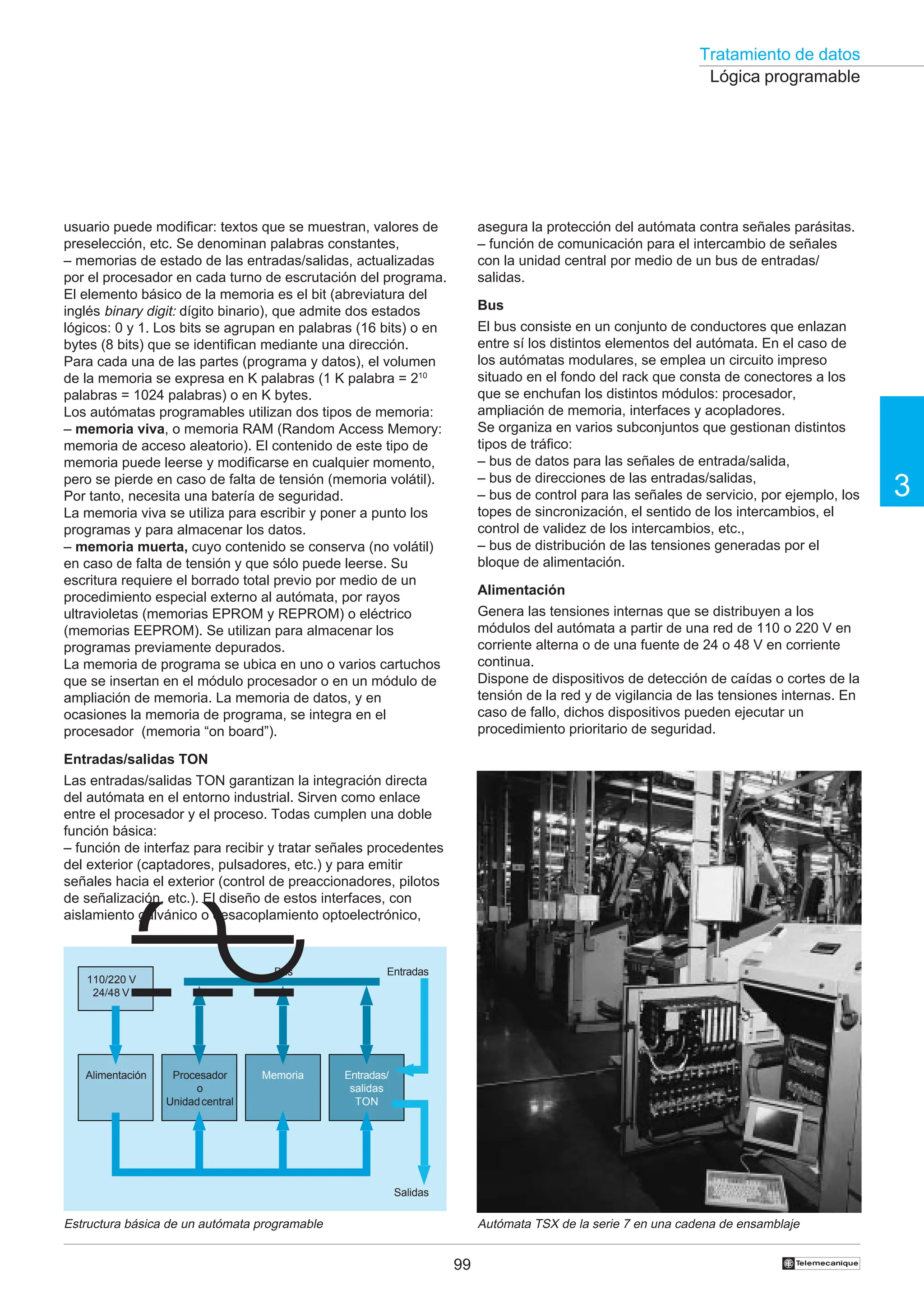 Tratamiento de datos
99
3
†
usuario puede modificar: textos que se muestran, valores de
preselección, etc. Se denominan palabras constantes,
– memorias de estado de las entradas/salidas, actualizadas
por el procesador en cada turno de escrutación del programa.
El elemento básico de la memoria es el bit (abreviatura del
inglés binary digit: dígito binario), que admite dos estados
lógicos: 0 y 1. Los bits se agrupan en palabras (16 bits) o en
bytes (8 bits) que se identifican mediante una dirección.
Para cada una de las partes (programa y datos), el volumen
de la memoria se expresa en K palabras (1 K palabra = 210
palabras = 1024 palabras) o en K bytes.
Los autómatas programables utilizan dos tipos de memoria:
– memoria viva, o memoria RAM (Random Access Memory:
memoria de acceso aleatorio). El contenido de este tipo de
memoria puede leerse y modificarse en cualquier momento,
pero se pierde en caso de falta de tensión (memoria volátil).
Por tanto, necesita una batería de seguridad.
La memoria viva se utiliza para escribir y poner a punto los
programas y para almacenar los datos.
– memoria muerta, cuyo contenido se conserva (no volátil)
en caso de falta de tensión y que sólo puede leerse. Su
escritura requiere el borrado total previo por medio de un
procedimiento especial externo al autómata, por rayos
ultravioletas (memorias EPROM y REPROM) o eléctrico
(memorias EEPROM). Se utilizan para almacenar los
programas previamente depurados.
La memoria de programa se ubica en uno o varios cartuchos
que se insertan en el módulo procesador o en un módulo de
ampliación de memoria. La memoria de datos, y en
ocasiones la memoria de programa, se integra en el
procesador (memoria “on board”).
Entradas/salidas TON
Las entradas/salidas TON garantizan la integración directa
del autómata en el entorno industrial. Sirven como enlace
entre el procesador y el proceso. Todas cumplen una doble
función básica:
– función de interfaz para recibir y tratar señales procedentes
del exterior (captadores, pulsadores, etc.) y para emitir
señales hacia el exterior (control de preaccionadores, pilotos
de señalización, etc.). El diseño de estos interfaces, con
aislamiento galvánico o desacoplamiento optoelectrónico,
asegura la protección del autómata contra señales parásitas.
– función de comunicación para el intercambio de señales
con la unidad central por medio de un bus de entradas/
salidas.
Bus
El bus consiste en un conjunto de conductores que enlazan
entre sí los distintos elementos del autómata. En el caso de
los autómatas modulares, se emplea un circuito impreso
situado en el fondo del rack que consta de conectores a los
que se enchufan los distintos módulos: procesador,
ampliación de memoria, interfaces y acopladores.
Se organiza en varios subconjuntos que gestionan distintos
tipos de tráfico:
– bus de datos para las señales de entrada/salida,
– bus de direcciones de las entradas/salidas,
– bus de control para las señales de servicio, por ejemplo, los
topes de sincronización, el sentido de los intercambios, el
control de validez de los intercambios, etc.,
– bus de distribución de las tensiones generadas por el
bloque de alimentación.
Alimentación
Genera las tensiones internas que se distribuyen a los
módulos del autómata a partir de una red de 110 o 220 V en
corriente alterna o de una fuente de 24 o 48 V en corriente
continua.
Dispone de dispositivos de detección de caídas o cortes de la
tensión de la red y de vigilancia de las tensiones internas. En
caso de fallo, dichos dispositivos pueden ejecutar un
procedimiento prioritario de seguridad.
Estructura básica de un autómata programable Autómata TSX de la serie 7 en una cadena de ensamblaje
Lógica programable
110/220 V ©
24/48 V æ
Alimentación Procesador
o
Unidadcentral
Memoria Entradas/
salidas
TON
Bus Entradas
Salidas
 