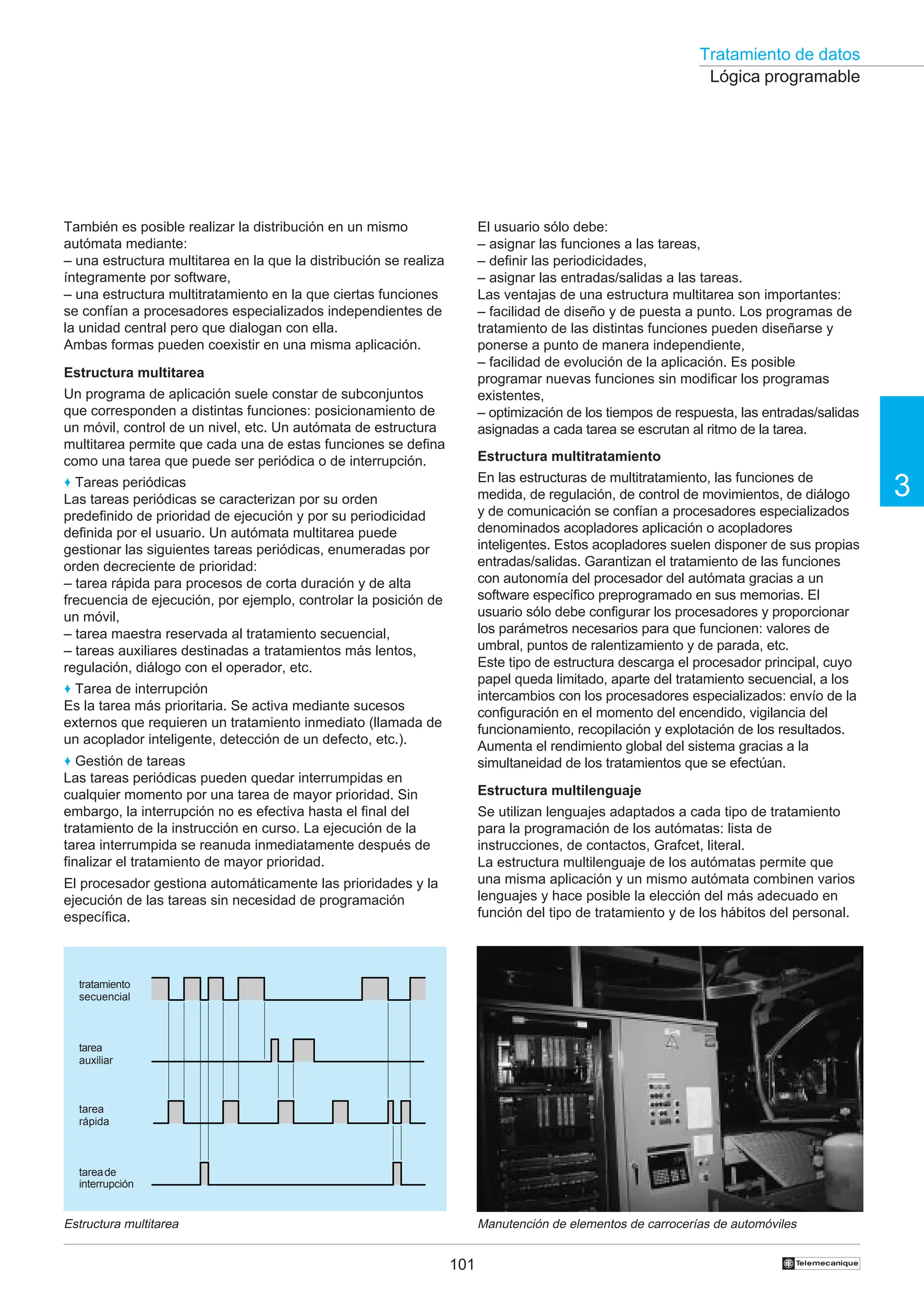 Tratamiento de datos
101
3
†
También es posible realizar la distribución en un mismo
autómata mediante:
– una estructura multitarea en la que la distribución se realiza
íntegramente por software,
– una estructura multitratamiento en la que ciertas funciones
se confían a procesadores especializados independientes de
la unidad central pero que dialogan con ella.
Ambas formas pueden coexistir en una misma aplicación.
Estructura multitarea
Un programa de aplicación suele constar de subconjuntos
que corresponden a distintas funciones: posicionamiento de
un móvil, control de un nivel, etc. Un autómata de estructura
multitarea permite que cada una de estas funciones se defina
como una tarea que puede ser periódica o de interrupción.
♦ Tareas periódicas
Las tareas periódicas se caracterizan por su orden
predefinido de prioridad de ejecución y por su periodicidad
definida por el usuario. Un autómata multitarea puede
gestionar las siguientes tareas periódicas, enumeradas por
orden decreciente de prioridad:
– tarea rápida para procesos de corta duración y de alta
frecuencia de ejecución, por ejemplo, controlar la posición de
un móvil,
– tarea maestra reservada al tratamiento secuencial,
– tareas auxiliares destinadas a tratamientos más lentos,
regulación, diálogo con el operador, etc.
♦ Tarea de interrupción
Es la tarea más prioritaria. Se activa mediante sucesos
externos que requieren un tratamiento inmediato (llamada de
un acoplador inteligente, detección de un defecto, etc.).
♦ Gestión de tareas
Las tareas periódicas pueden quedar interrumpidas en
cualquier momento por una tarea de mayor prioridad. Sin
embargo, la interrupción no es efectiva hasta el final del
tratamiento de la instrucción en curso. La ejecución de la
tarea interrumpida se reanuda inmediatamente después de
finalizar el tratamiento de mayor prioridad.
El procesador gestiona automáticamente las prioridades y la
ejecución de las tareas sin necesidad de programación
específica.
El usuario sólo debe:
– asignar las funciones a las tareas,
– definir las periodicidades,
– asignar las entradas/salidas a las tareas.
Las ventajas de una estructura multitarea son importantes:
– facilidad de diseño y de puesta a punto. Los programas de
tratamiento de las distintas funciones pueden diseñarse y
ponerse a punto de manera independiente,
– facilidad de evolución de la aplicación. Es posible
programar nuevas funciones sin modificar los programas
existentes,
– optimización de los tiempos de respuesta, las entradas/salidas
asignadas a cada tarea se escrutan al ritmo de la tarea.
Estructura multitratamiento
En las estructuras de multitratamiento, las funciones de
medida, de regulación, de control de movimientos, de diálogo
y de comunicación se confían a procesadores especializados
denominados acopladores aplicación o acopladores
inteligentes. Estos acopladores suelen disponer de sus propias
entradas/salidas. Garantizan el tratamiento de las funciones
con autonomía del procesador del autómata gracias a un
software específico preprogramado en sus memorias. El
usuario sólo debe configurar los procesadores y proporcionar
los parámetros necesarios para que funcionen: valores de
umbral, puntos de ralentizamiento y de parada, etc.
Este tipo de estructura descarga el procesador principal, cuyo
papel queda limitado, aparte del tratamiento secuencial, a los
intercambios con los procesadores especializados: envío de la
configuración en el momento del encendido, vigilancia del
funcionamiento, recopilación y explotación de los resultados.
Aumenta el rendimiento global del sistema gracias a la
simultaneidad de los tratamientos que se efectúan.
Estructura multilenguaje
Se utilizan lenguajes adaptados a cada tipo de tratamiento
para la programación de los autómatas: lista de
instrucciones, de contactos, Grafcet, literal.
La estructura multilenguaje de los autómatas permite que
una misma aplicación y un mismo autómata combinen varios
lenguajes y hace posible la elección del más adecuado en
función del tipo de tratamiento y de los hábitos del personal.
Lógica programable
Estructura multitarea Manutención de elementos de carrocerías de automóviles
tratamiento
secuencial
tarea
auxiliar
tarea
rápida
tareade
interrupción
 