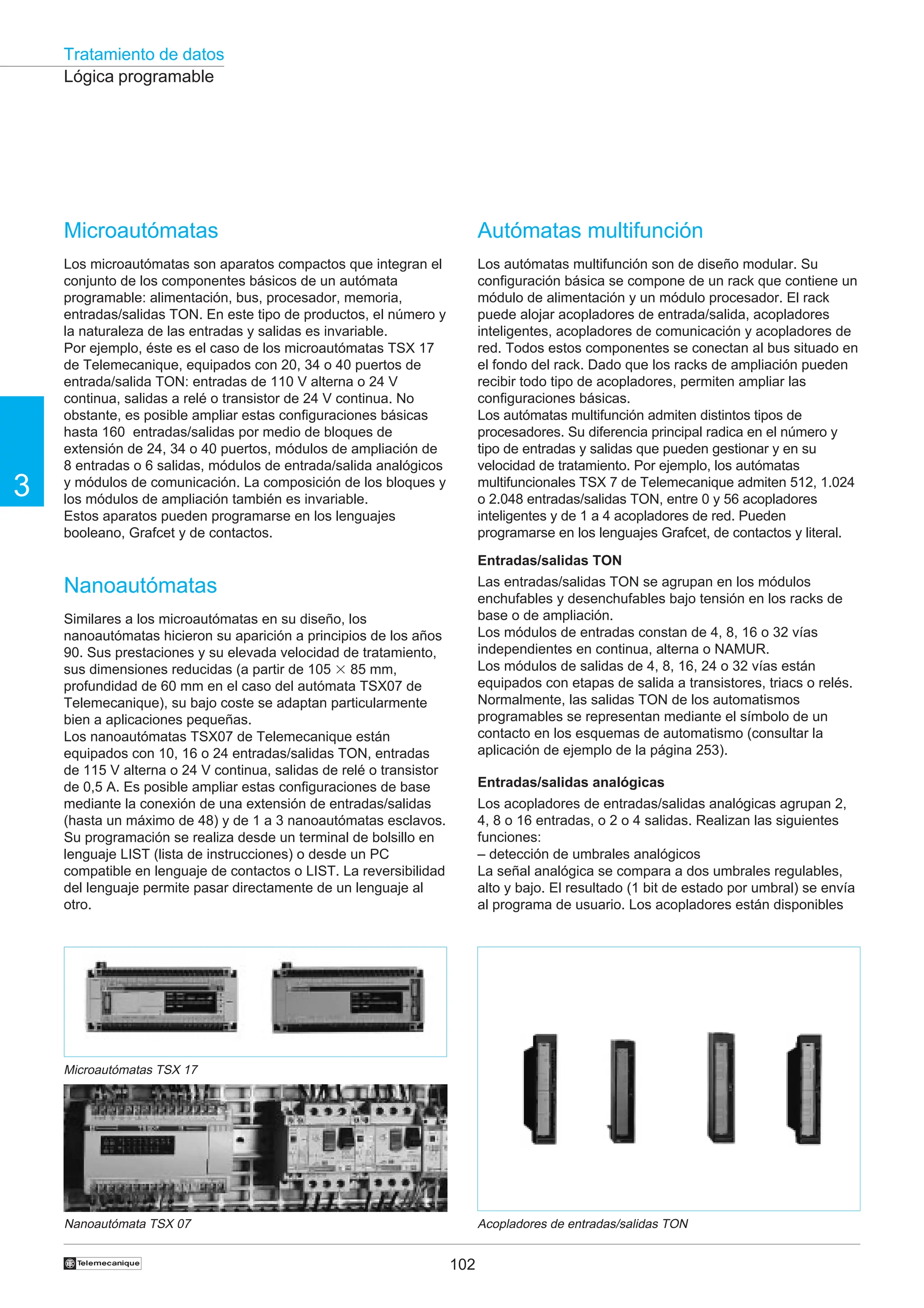 Tratamiento de datos
102
3
†
Nanoautómata TSX 07 Acopladores de entradas/salidas TON
Lógica programable
Microautómatas
Los microautómatas son aparatos compactos que integran el
conjunto de los componentes básicos de un autómata
programable: alimentación, bus, procesador, memoria,
entradas/salidas TON. En este tipo de productos, el número y
la naturaleza de las entradas y salidas es invariable.
Por ejemplo, éste es el caso de los microautómatas TSX 17
de Telemecanique, equipados con 20, 34 o 40 puertos de
entrada/salida TON: entradas de 110 V alterna o 24 V
continua, salidas a relé o transistor de 24 V continua. No
obstante, es posible ampliar estas configuraciones básicas
hasta 160 entradas/salidas por medio de bloques de
extensión de 24, 34 o 40 puertos, módulos de ampliación de
8 entradas o 6 salidas, módulos de entrada/salida analógicos
y módulos de comunicación. La composición de los bloques y
los módulos de ampliación también es invariable.
Estos aparatos pueden programarse en los lenguajes
booleano, Grafcet y de contactos.
Nanoautómatas
Similares a los microautómatas en su diseño, los
nanoautómatas hicieron su aparición a principios de los años
90. Sus prestaciones y su elevada velocidad de tratamiento,
sus dimensiones reducidas (a partir de 105 3 85 mm,
profundidad de 60 mm en el caso del autómata TSX07 de
Telemecanique), su bajo coste se adaptan particularmente
bien a aplicaciones pequeñas.
Los nanoautómatas TSX07 de Telemecanique están
equipados con 10, 16 o 24 entradas/salidas TON, entradas
de 115 V alterna o 24 V continua, salidas de relé o transistor
de 0,5 A. Es posible ampliar estas configuraciones de base
mediante la conexión de una extensión de entradas/salidas
(hasta un máximo de 48) y de 1 a 3 nanoautómatas esclavos.
Su programación se realiza desde un terminal de bolsillo en
lenguaje LIST (lista de instrucciones) o desde un PC
compatible en lenguaje de contactos o LIST. La reversibilidad
del lenguaje permite pasar directamente de un lenguaje al
otro.
Autómatas multifunción
Los autómatas multifunción son de diseño modular. Su
configuración básica se compone de un rack que contiene un
módulo de alimentación y un módulo procesador. El rack
puede alojar acopladores de entrada/salida, acopladores
inteligentes, acopladores de comunicación y acopladores de
red. Todos estos componentes se conectan al bus situado en
el fondo del rack. Dado que los racks de ampliación pueden
recibir todo tipo de acopladores, permiten ampliar las
configuraciones básicas.
Los autómatas multifunción admiten distintos tipos de
procesadores. Su diferencia principal radica en el número y
tipo de entradas y salidas que pueden gestionar y en su
velocidad de tratamiento. Por ejemplo, los autómatas
multifuncionales TSX 7 de Telemecanique admiten 512, 1.024
o 2.048 entradas/salidas TON, entre 0 y 56 acopladores
inteligentes y de 1 a 4 acopladores de red. Pueden
programarse en los lenguajes Grafcet, de contactos y literal.
Entradas/salidas TON
Las entradas/salidas TON se agrupan en los módulos
enchufables y desenchufables bajo tensión en los racks de
base o de ampliación.
Los módulos de entradas constan de 4, 8, 16 o 32 vías
independientes en continua, alterna o NAMUR.
Los módulos de salidas de 4, 8, 16, 24 o 32 vías están
equipados con etapas de salida a transistores, triacs o relés.
Normalmente, las salidas TON de los automatismos
programables se representan mediante el símbolo de un
contacto en los esquemas de automatismo (consultar la
aplicación de ejemplo de la página 253).
Entradas/salidas analógicas
Los acopladores de entradas/salidas analógicas agrupan 2,
4, 8 o 16 entradas, o 2 o 4 salidas. Realizan las siguientes
funciones:
– detección de umbrales analógicos
La señal analógica se compara a dos umbrales regulables,
alto y bajo. El resultado (1 bit de estado por umbral) se envía
al programa de usuario. Los acopladores están disponibles
Microautómatas TSX 17
 