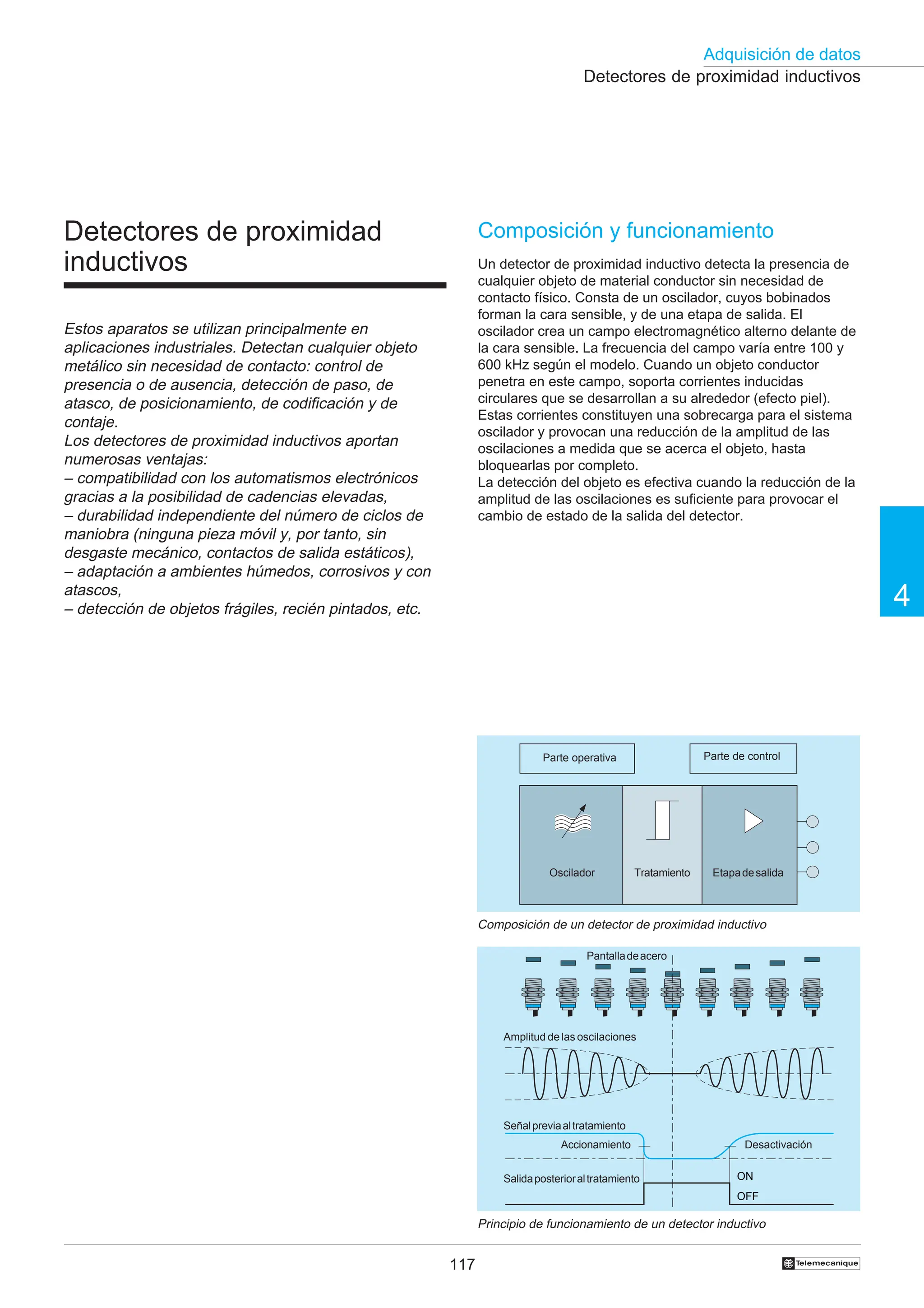 117
Adquisición de datos
4
†
OFF
ON
Detectores de proximidad inductivos
Composición y funcionamiento
Un detector de proximidad inductivo detecta la presencia de
cualquier objeto de material conductor sin necesidad de
contacto físico. Consta de un oscilador, cuyos bobinados
forman la cara sensible, y de una etapa de salida. El
oscilador crea un campo electromagnético alterno delante de
la cara sensible. La frecuencia del campo varía entre 100 y
600 kHz según el modelo. Cuando un objeto conductor
penetra en este campo, soporta corrientes inducidas
circulares que se desarrollan a su alrededor (efecto piel).
Estas corrientes constituyen una sobrecarga para el sistema
oscilador y provocan una reducción de la amplitud de las
oscilaciones a medida que se acerca el objeto, hasta
bloquearlas por completo.
La detección del objeto es efectiva cuando la reducción de la
amplitud de las oscilaciones es suficiente para provocar el
cambio de estado de la salida del detector.
Principio de funcionamiento de un detector inductivo
Señalpreviaaltratamiento
Salidaposterioraltratamiento
Accionamiento Desactivación
Amplitud de las oscilaciones
Pantalladeacero
Composición de un detector de proximidad inductivo
Parte operativa Parte de control
Oscilador Tratamiento Etapadesalida
Detectores de proximidad
inductivos
Estos aparatos se utilizan principalmente en
aplicaciones industriales. Detectan cualquier objeto
metálico sin necesidad de contacto: control de
presencia o de ausencia, detección de paso, de
atasco, de posicionamiento, de codificación y de
contaje.
Los detectores de proximidad inductivos aportan
numerosas ventajas:
– compatibilidad con los automatismos electrónicos
gracias a la posibilidad de cadencias elevadas,
– durabilidad independiente del número de ciclos de
maniobra (ninguna pieza móvil y, por tanto, sin
desgaste mecánico, contactos de salida estáticos),
– adaptación a ambientes húmedos, corrosivos y con
atascos,
– detección de objetos frágiles, recién pintados, etc.
 