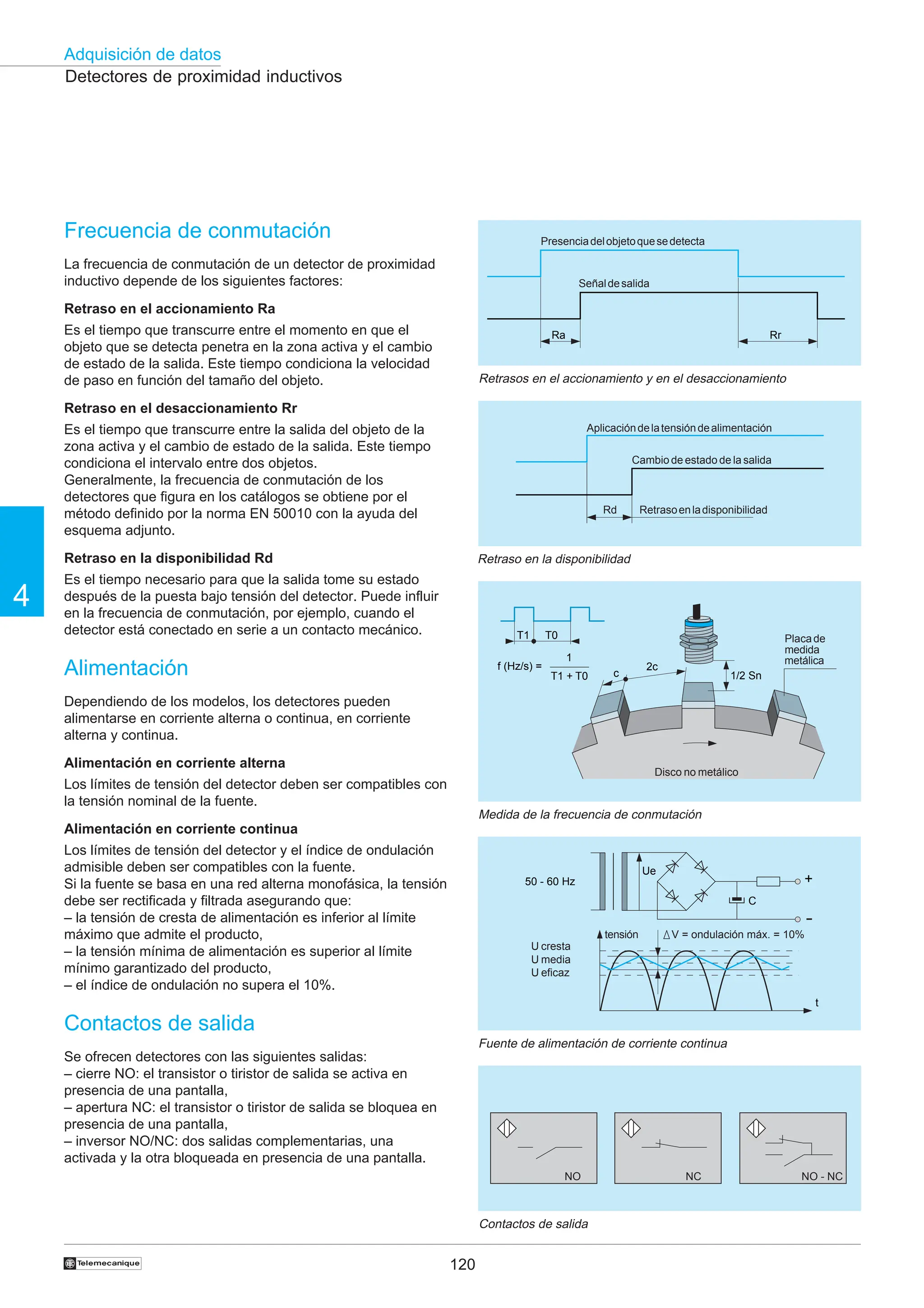 120
Adquisición de datos
4
†
t
C
+
Ue
50 - 60 Hz
Ra Rr
c
2c
1/2 Sn
T1 T0
f (Hz/s) =
1
T1 + T0
Placade
medida
metálica
Disco no metálico
Detectores de proximidad inductivos
Frecuencia de conmutación
La frecuencia de conmutación de un detector de proximidad
inductivo depende de los siguientes factores:
Retraso en el accionamiento Ra
Es el tiempo que transcurre entre el momento en que el
objeto que se detecta penetra en la zona activa y el cambio
de estado de la salida. Este tiempo condiciona la velocidad
de paso en función del tamaño del objeto.
Retraso en el desaccionamiento Rr
Es el tiempo que transcurre entre la salida del objeto de la
zona activa y el cambio de estado de la salida. Este tiempo
condiciona el intervalo entre dos objetos.
Generalmente, la frecuencia de conmutación de los
detectores que figura en los catálogos se obtiene por el
método definido por la norma EN 50010 con la ayuda del
esquema adjunto.
Retraso en la disponibilidad Rd
Es el tiempo necesario para que la salida tome su estado
después de la puesta bajo tensión del detector. Puede influir
en la frecuencia de conmutación, por ejemplo, cuando el
detector está conectado en serie a un contacto mecánico.
Alimentación
Dependiendo de los modelos, los detectores pueden
alimentarse en corriente alterna o continua, en corriente
alterna y continua.
Alimentación en corriente alterna
Los límites de tensión del detector deben ser compatibles con
la tensión nominal de la fuente.
Alimentación en corriente continua
Los límites de tensión del detector y el índice de ondulación
admisible deben ser compatibles con la fuente.
Si la fuente se basa en una red alterna monofásica, la tensión
debe ser rectificada y filtrada asegurando que:
– la tensión de cresta de alimentación es inferior al límite
máximo que admite el producto,
– la tensión mínima de alimentación es superior al límite
mínimo garantizado del producto,
– el índice de ondulación no supera el 10%.
Contactos de salida
Se ofrecen detectores con las siguientes salidas:
– cierre NO: el transistor o tiristor de salida se activa en
presencia de una pantalla,
– apertura NC: el transistor o tiristor de salida se bloquea en
presencia de una pantalla,
– inversor NO/NC: dos salidas complementarias, una
activada y la otra bloqueada en presencia de una pantalla.
Retrasos en el accionamiento y en el desaccionamiento
Presenciadelobjetoquesedetecta
Señaldesalida
Fuente de alimentación de corriente continua
V = ondulación máx. = 10%
tensión
U cresta
U media
U eficaz
Contactos de salida
NO NC NO - NC
Medida de la frecuencia de conmutación
Aplicacióndelatensióndealimentación
Cambio de estado de la salida
Retrasoenladisponibilidad
Rd
Retraso en la disponibilidad
 