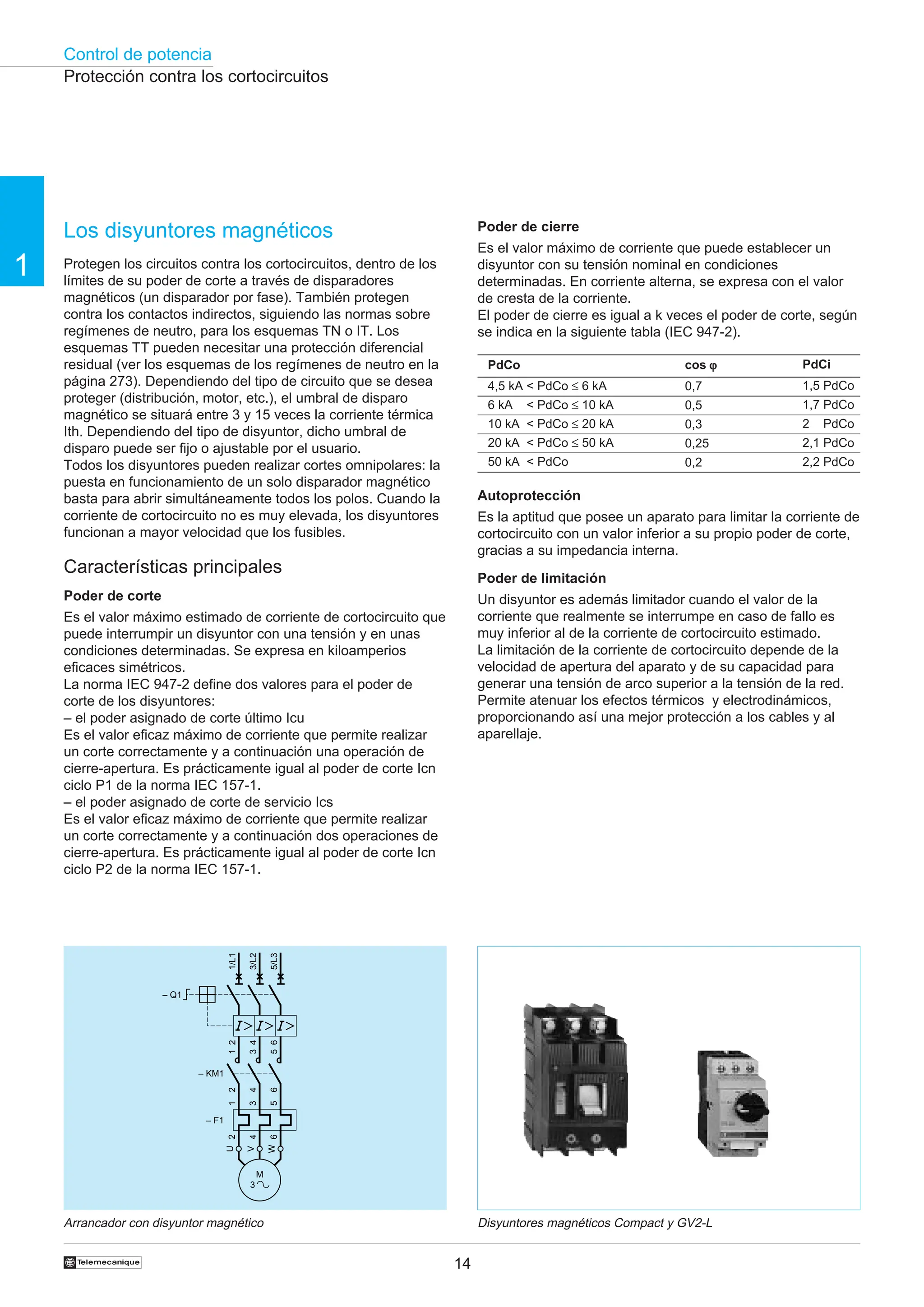 Control de potencia
14
1
†
Poder de cierre
Es el valor máximo de corriente que puede establecer un
disyuntor con su tensión nominal en condiciones
determinadas. En corriente alterna, se expresa con el valor
de cresta de la corriente.
El poder de cierre es igual a k veces el poder de corte, según
se indica en la siguiente tabla (IEC 947-2).
PdCi
1,5 PdCo
1,7 PdCo
2 PdCo
2,1 PdCo
2,2 PdCo
cos ϕ
ϕ
ϕ
ϕ
ϕ
0,7
0,5
0,3
0,25
0,2
Los disyuntores magnéticos
Protegen los circuitos contra los cortocircuitos, dentro de los
límites de su poder de corte a través de disparadores
magnéticos (un disparador por fase). También protegen
contra los contactos indirectos, siguiendo las normas sobre
regímenes de neutro, para los esquemas TN o IT. Los
esquemas TT pueden necesitar una protección diferencial
residual (ver los esquemas de los regímenes de neutro en la
página 273). Dependiendo del tipo de circuito que se desea
proteger (distribución, motor, etc.), el umbral de disparo
magnético se situará entre 3 y 15 veces la corriente térmica
Ith. Dependiendo del tipo de disyuntor, dicho umbral de
disparo puede ser fijo o ajustable por el usuario.
Todos los disyuntores pueden realizar cortes omnipolares: la
puesta en funcionamiento de un solo disparador magnético
basta para abrir simultáneamente todos los polos. Cuando la
corriente de cortocircuito no es muy elevada, los disyuntores
funcionan a mayor velocidad que los fusibles.
Características principales
Poder de corte
Es el valor máximo estimado de corriente de cortocircuito que
puede interrumpir un disyuntor con una tensión y en unas
condiciones determinadas. Se expresa en kiloamperios
eficaces simétricos.
La norma IEC 947-2 define dos valores para el poder de
corte de los disyuntores:
– el poder asignado de corte último Icu
Es el valor eficaz máximo de corriente que permite realizar
un corte correctamente y a continuación una operación de
cierre-apertura. Es prácticamente igual al poder de corte Icn
ciclo P1 de la norma IEC 157-1.
– el poder asignado de corte de servicio Ics
Es el valor eficaz máximo de corriente que permite realizar
un corte correctamente y a continuación dos operaciones de
cierre-apertura. Es prácticamente igual al poder de corte Icn
ciclo P2 de la norma IEC 157-1.
Autoprotección
Es la aptitud que posee un aparato para limitar la corriente de
cortocircuito con un valor inferior a su propio poder de corte,
gracias a su impedancia interna.
Poder de limitación
Un disyuntor es además limitador cuando el valor de la
corriente que realmente se interrumpe en caso de fallo es
muy inferior al de la corriente de cortocircuito estimado.
La limitación de la corriente de cortocircuito depende de la
velocidad de apertura del aparato y de su capacidad para
generar una tensión de arco superior a la tensión de la red.
Permite atenuar los efectos térmicos y electrodinámicos,
proporcionando así una mejor protección a los cables y al
aparellaje.
Disyuntores magnéticos Compact y GV2-L
Arrancador con disyuntor magnético
Protección contra los cortocircuitos
PdCo
4,5 kA < PdCo ≤ 6 kA
6 kA < PdCo ≤ 10 kA
10 kA < PdCo ≤ 20 kA
20 kA < PdCo ≤ 50 kA
50 kA < PdCo
2
4
6
1/L1
– Q1
3/L2
5/L3
– KM1
1
2
3
4
5
6
M
3
U
W
V
1
3
5
2
4
6
– F1
 