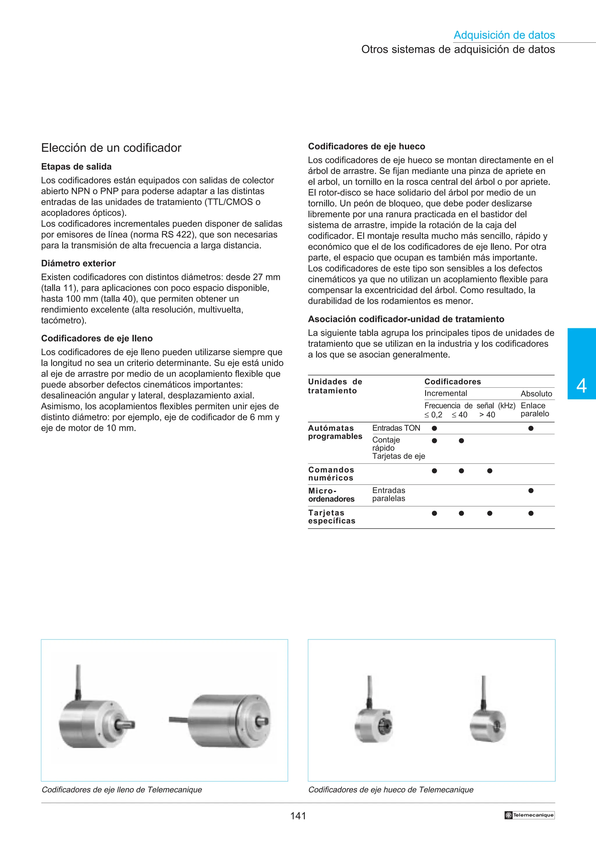 141
Adquisición de datos
4
†
Otros sistemas de adquisición de datos
Codificadores de eje hueco de Telemecanique
Codificadores de eje lleno de Telemecanique
Elección de un codificador
Etapas de salida
Los codificadores están equipados con salidas de colector
abierto NPN o PNP para poderse adaptar a las distintas
entradas de las unidades de tratamiento (TTL/CMOS o
acopladores ópticos).
Los codificadores incrementales pueden disponer de salidas
por emisores de línea (norma RS 422), que son necesarias
para la transmisión de alta frecuencia a larga distancia.
Diámetro exterior
Existen codificadores con distintos diámetros: desde 27 mm
(talla 11), para aplicaciones con poco espacio disponible,
hasta 100 mm (talla 40), que permiten obtener un
rendimiento excelente (alta resolución, multivuelta,
tacómetro).
Codificadores de eje lleno
Los codificadores de eje lleno pueden utilizarse siempre que
la longitud no sea un criterio determinante. Su eje está unido
al eje de arrastre por medio de un acoplamiento flexible que
puede absorber defectos cinemáticos importantes:
desalineación angular y lateral, desplazamiento axial.
Asimismo, los acoplamientos flexibles permiten unir ejes de
distinto diámetro: por ejemplo, eje de codificador de 6 mm y
eje de motor de 10 mm.
Asociación codificador-unidad de tratamiento
La siguiente tabla agrupa los principales tipos de unidades de
tratamiento que se utilizan en la industria y los codificadores
a los que se asocian generalmente.
Codificadores de eje hueco
Los codificadores de eje hueco se montan directamente en el
árbol de arrastre. Se fijan mediante una pinza de apriete en
el arbol, un tornillo en la rosca central del árbol o por apriete.
El rotor-disco se hace solidario del árbol por medio de un
tornillo. Un peón de bloqueo, que debe poder deslizarse
libremente por una ranura practicada en el bastidor del
sistema de arrastre, impide la rotación de la caja del
codificador. El montaje resulta mucho más sencillo, rápido y
económico que el de los codificadores de eje lleno. Por otra
parte, el espacio que ocupan es también más importante.
Los codificadores de este tipo son sensibles a los defectos
cinemáticos ya que no utilizan un acoplamiento flexible para
compensar la excentricidad del árbol. Como resultado, la
durabilidad de los rodamientos es menor.
Absoluto
Incremental
Enlace
paralelo
Frecuencia de señal (kHz)
≤ 0,2 ≤ 40  40
Unidades de
tratamiento
Codificadores
Autómatas
programables
● ●
Comandos
numéricos
● ●
● ● ●
Contaje
rápido
Tarjetas de eje
Entradas TON
Micro-
ordenadores
●
Entradas
paralelas
Tarjetas
específicas
●
●
●
●
 