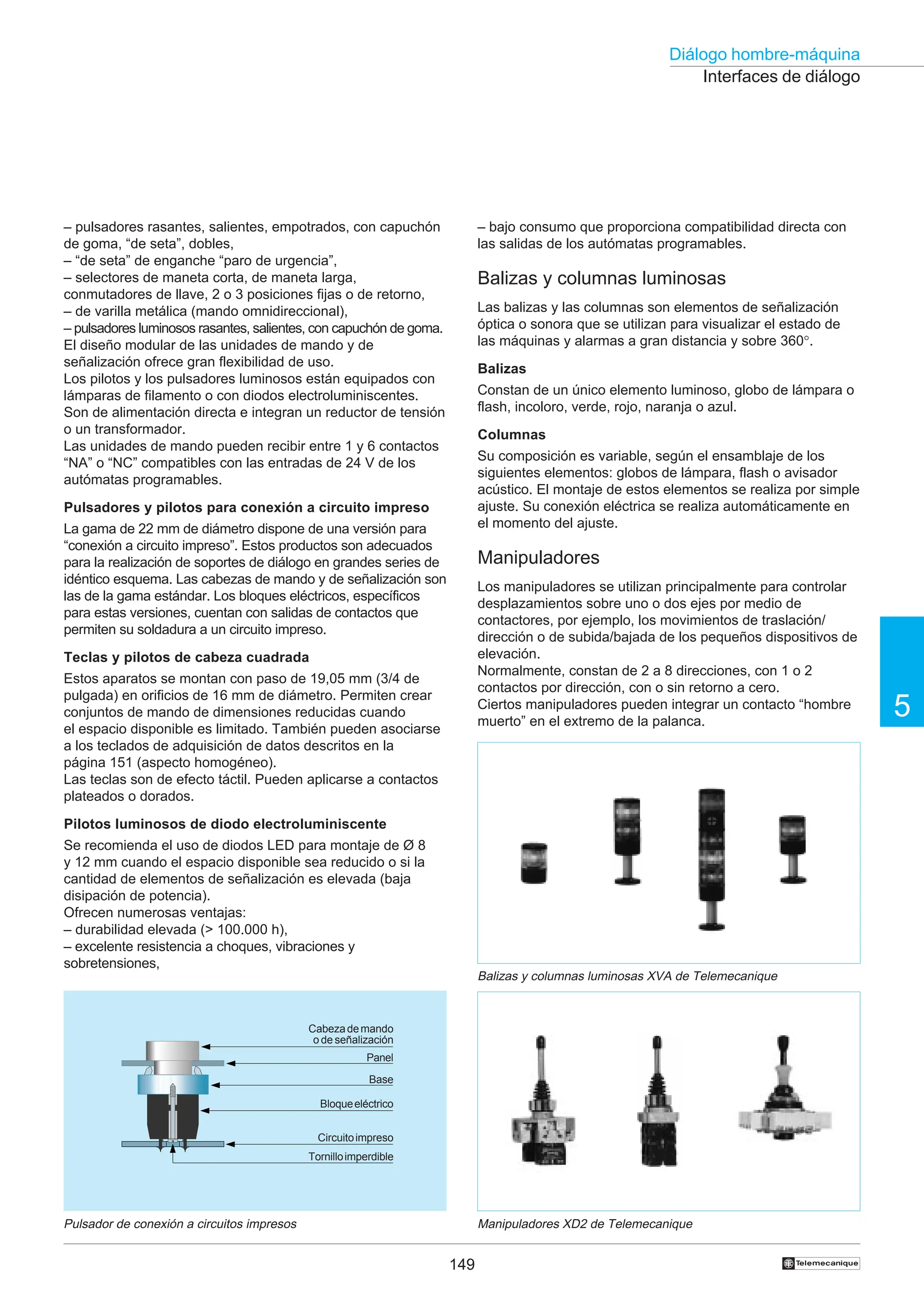 149
5
Diálogo hombre-máquina
†
Interfaces de diálogo
– pulsadores rasantes, salientes, empotrados, con capuchón
de goma, “de seta”, dobles,
– “de seta” de enganche “paro de urgencia”,
– selectores de maneta corta, de maneta larga,
conmutadores de llave, 2 o 3 posiciones fijas o de retorno,
– de varilla metálica (mando omnidireccional),
– pulsadores luminosos rasantes, salientes, con capuchón de goma.
El diseño modular de las unidades de mando y de
señalización ofrece gran flexibilidad de uso.
Los pilotos y los pulsadores luminosos están equipados con
lámparas de filamento o con diodos electroluminiscentes.
Son de alimentación directa e integran un reductor de tensión
o un transformador.
Las unidades de mando pueden recibir entre 1 y 6 contactos
“NA” o “NC” compatibles con las entradas de 24 V de los
autómatas programables.
Pulsadores y pilotos para conexión a circuito impreso
La gama de 22 mm de diámetro dispone de una versión para
“conexión a circuito impreso”. Estos productos son adecuados
para la realización de soportes de diálogo en grandes series de
idéntico esquema. Las cabezas de mando y de señalización son
las de la gama estándar. Los bloques eléctricos, específicos
para estas versiones, cuentan con salidas de contactos que
permiten su soldadura a un circuito impreso.
Teclas y pilotos de cabeza cuadrada
Estos aparatos se montan con paso de 19,05 mm (3/4 de
pulgada) en orificios de 16 mm de diámetro. Permiten crear
conjuntos de mando de dimensiones reducidas cuando
el espacio disponible es limitado. También pueden asociarse
a los teclados de adquisición de datos descritos en la
página 151 (aspecto homogéneo).
Las teclas son de efecto táctil. Pueden aplicarse a contactos
plateados o dorados.
Pilotos luminosos de diodo electroluminiscente
Se recomienda el uso de diodos LED para montaje de Ø 8
y 12 mm cuando el espacio disponible sea reducido o si la
cantidad de elementos de señalización es elevada (baja
disipación de potencia).
Ofrecen numerosas ventajas:
– durabilidad elevada ( 100.000 h),
– excelente resistencia a choques, vibraciones y
sobretensiones,
Pulsador de conexión a circuitos impresos
Cabezademando
o de señalización
Panel
Base
Bloqueeléctrico
Tornilloimperdible
Circuitoimpreso
Manipuladores XD2 de Telemecanique
– bajo consumo que proporciona compatibilidad directa con
las salidas de los autómatas programables.
Balizas y columnas luminosas
Las balizas y las columnas son elementos de señalización
óptica o sonora que se utilizan para visualizar el estado de
las máquinas y alarmas a gran distancia y sobre 360°.
Balizas
Constan de un único elemento luminoso, globo de lámpara o
flash, incoloro, verde, rojo, naranja o azul.
Columnas
Su composición es variable, según el ensamblaje de los
siguientes elementos: globos de lámpara, flash o avisador
acústico. El montaje de estos elementos se realiza por simple
ajuste. Su conexión eléctrica se realiza automáticamente en
el momento del ajuste.
Manipuladores
Los manipuladores se utilizan principalmente para controlar
desplazamientos sobre uno o dos ejes por medio de
contactores, por ejemplo, los movimientos de traslación/
dirección o de subida/bajada de los pequeños dispositivos de
elevación.
Normalmente, constan de 2 a 8 direcciones, con 1 o 2
contactos por dirección, con o sin retorno a cero.
Ciertos manipuladores pueden integrar un contacto “hombre
muerto” en el extremo de la palanca.
Balizas y columnas luminosas XVA de Telemecanique
 