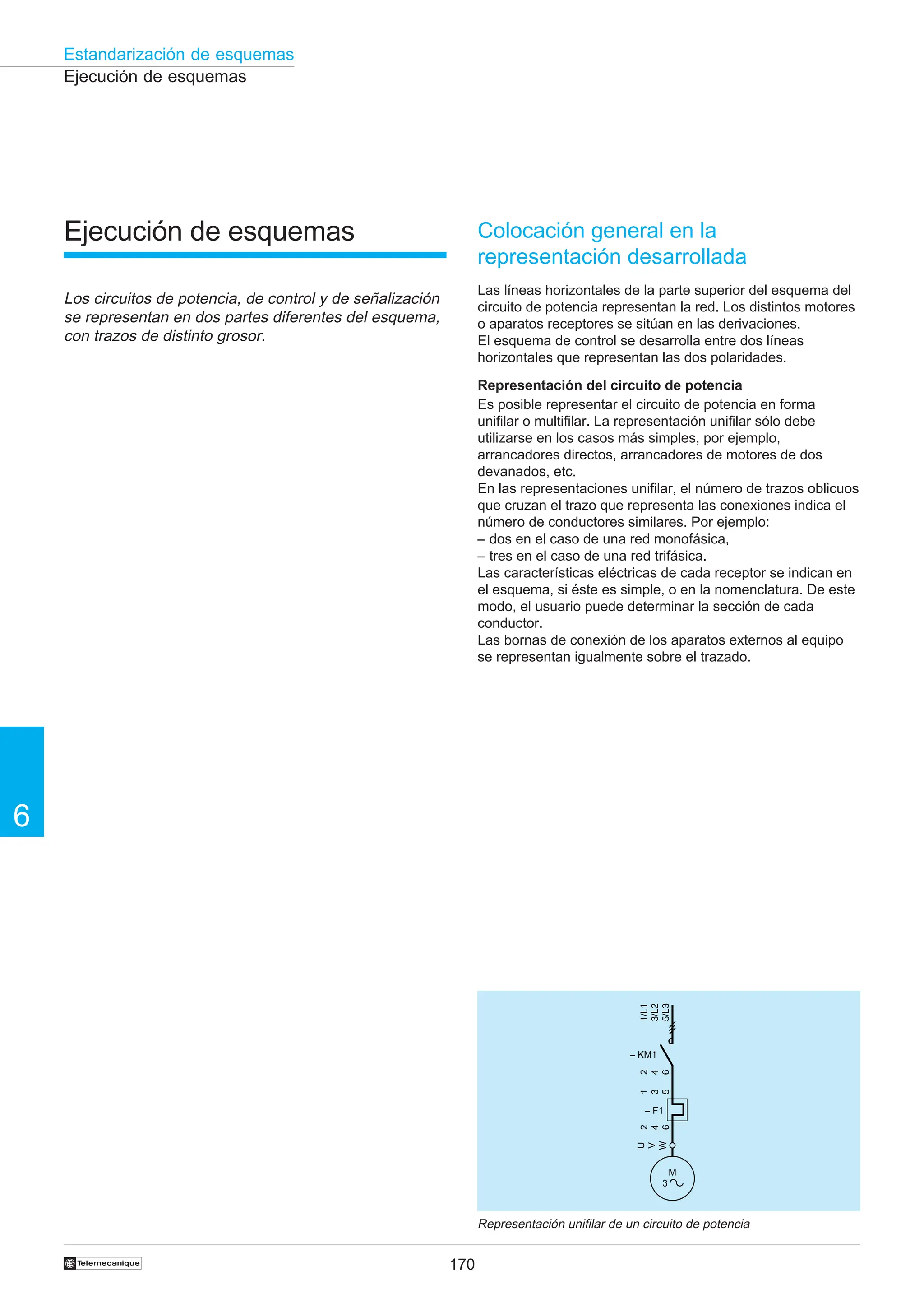 170
6
Estandarización de esquemas
†
Ejecución de esquemas
Ejecución de esquemas
Los circuitos de potencia, de control y de señalización
se representan en dos partes diferentes del esquema,
con trazos de distinto grosor.
Colocación general en la
representación desarrollada
Las líneas horizontales de la parte superior del esquema del
circuito de potencia representan la red. Los distintos motores
o aparatos receptores se sitúan en las derivaciones.
El esquema de control se desarrolla entre dos líneas
horizontales que representan las dos polaridades.
Representación del circuito de potencia
Es posible representar el circuito de potencia en forma
unifilar o multifilar. La representación unifilar sólo debe
utilizarse en los casos más simples, por ejemplo,
arrancadores directos, arrancadores de motores de dos
devanados, etc.
En las representaciones unifilar, el número de trazos oblicuos
que cruzan el trazo que representa las conexiones indica el
número de conductores similares. Por ejemplo:
– dos en el caso de una red monofásica,
– tres en el caso de una red trifásica.
Las características eléctricas de cada receptor se indican en
el esquema, si éste es simple, o en la nomenclatura. De este
modo, el usuario puede determinar la sección de cada
conductor.
Las bornas de conexión de los aparatos externos al equipo
se representan igualmente sobre el trazado.
Representación unifilar de un circuito de potencia
M
3
U
V
W
1
3
5
2
4
6
1/L1
3/L2
5/L3
2
4
6
– F1
– KM1
 
