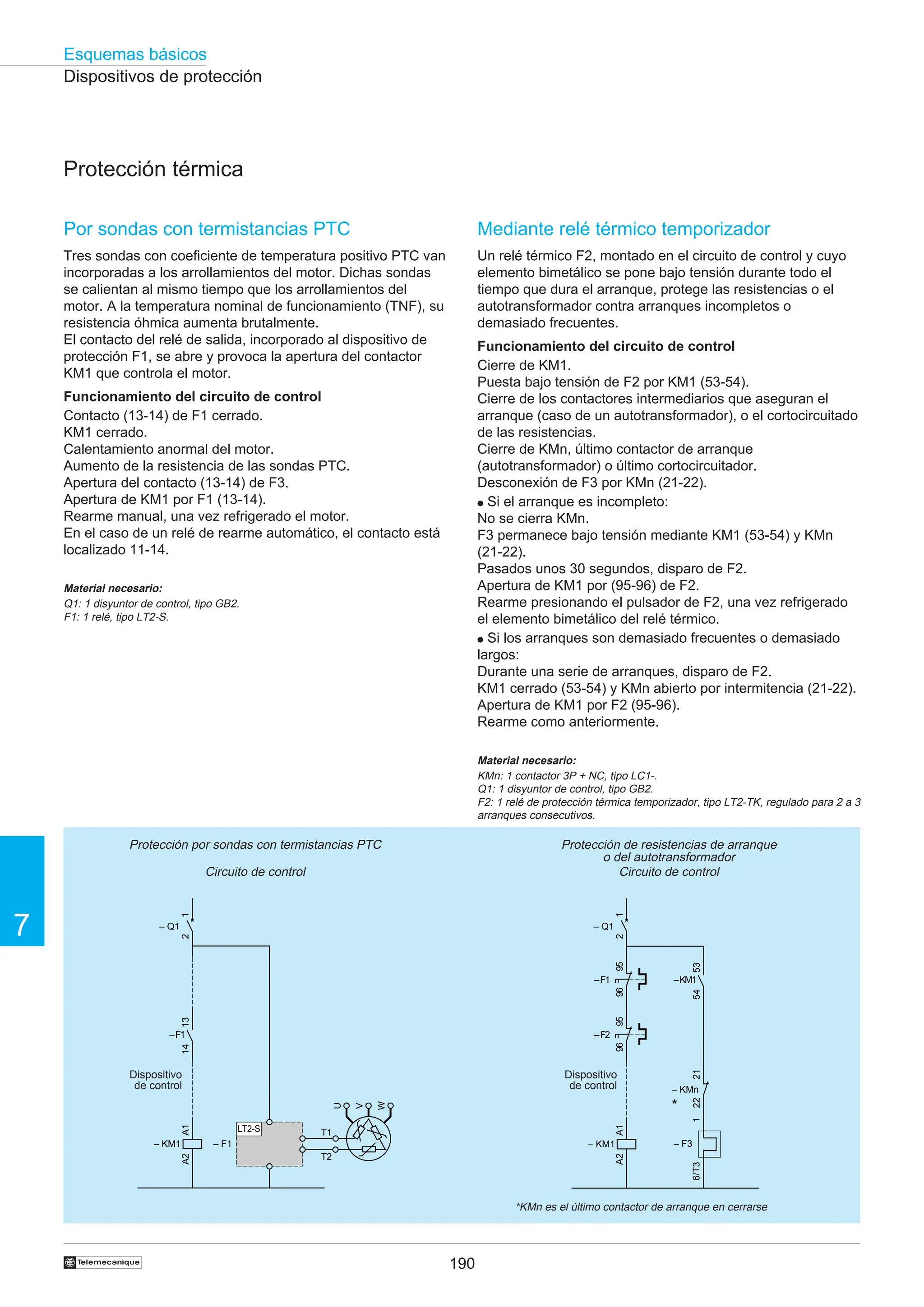 190
Esquemas básicos
7
†
Mediante relé térmico temporizador
Un relé térmico F2, montado en el circuito de control y cuyo
elemento bimetálico se pone bajo tensión durante todo el
tiempo que dura el arranque, protege las resistencias o el
autotransformador contra arranques incompletos o
demasiado frecuentes.
Funcionamiento del circuito de control
Cierre de KM1.
Puesta bajo tensión de F2 por KM1 (53-54).
Cierre de los contactores intermediarios que aseguran el
arranque (caso de un autotransformador), o el cortocircuitado
de las resistencias.
Cierre de KMn, último contactor de arranque
(autotransformador) o último cortocircuitador.
Desconexión de F3 por KMn (21-22).
● Si el arranque es incompleto:
No se cierra KMn.
F3 permanece bajo tensión mediante KM1 (53-54) y KMn
(21-22).
Pasados unos 30 segundos, disparo de F2.
Apertura de KM1 por (95-96) de F2.
Rearme presionando el pulsador de F2, una vez refrigerado
el elemento bimetálico del relé térmico.
● Si los arranques son demasiado frecuentes o demasiado
largos:
Durante una serie de arranques, disparo de F2.
KM1 cerrado (53-54) y KMn abierto por intermitencia (21-22).
Apertura de KM1 por F2 (95-96).
Rearme como anteriormente.
Material necesario:
KMn: 1 contactor 3P + NC, tipo LC1-.
Q1: 1 disyuntor de control, tipo GB2.
F2: 1 relé de protección térmica temporizador, tipo LT2-TK, regulado para 2 a 3
arranques consecutivos.
Protección térmica
Por sondas con termistancias PTC
Tres sondas con coeficiente de temperatura positivo PTC van
incorporadas a los arrollamientos del motor. Dichas sondas
se calientan al mismo tiempo que los arrollamientos del
motor. A la temperatura nominal de funcionamiento (TNF), su
resistencia óhmica aumenta brutalmente.
El contacto del relé de salida, incorporado al dispositivo de
protección F1, se abre y provoca la apertura del contactor
KM1 que controla el motor.
Funcionamiento del circuito de control
Contacto (13-14) de F1 cerrado.
KM1 cerrado.
Calentamiento anormal del motor.
Aumento de la resistencia de las sondas PTC.
Apertura del contacto (13-14) de F3.
Apertura de KM1 por F1 (13-14).
Rearme manual, una vez refrigerado el motor.
En el caso de un relé de rearme automático, el contacto está
localizado 11-14.
Material necesario:
Q1: 1 disyuntor de control, tipo GB2.
F1: 1 relé, tipo LT2-S.
Protección por sondas con termistancias PTC
Circuito de control
Protección de resistencias de arranque
o del autotransformador
Circuito de control
Dispositivos de protección
*KMn es el último contactor de arranque en cerrarse
Dispositivo
de control
Dispositivo
de control
95
96
–F1
A1
A2
– KM1
21
22
– KMn
*
95
96
–F2
53
54
–KM1
1
6/T3
– F3
– Q1
1
2
A1
A2
– KM1
13
14
–F1
T1
A2
A1
T2
– Q1
1
2
– F1
U
W
V
LT2-S
 