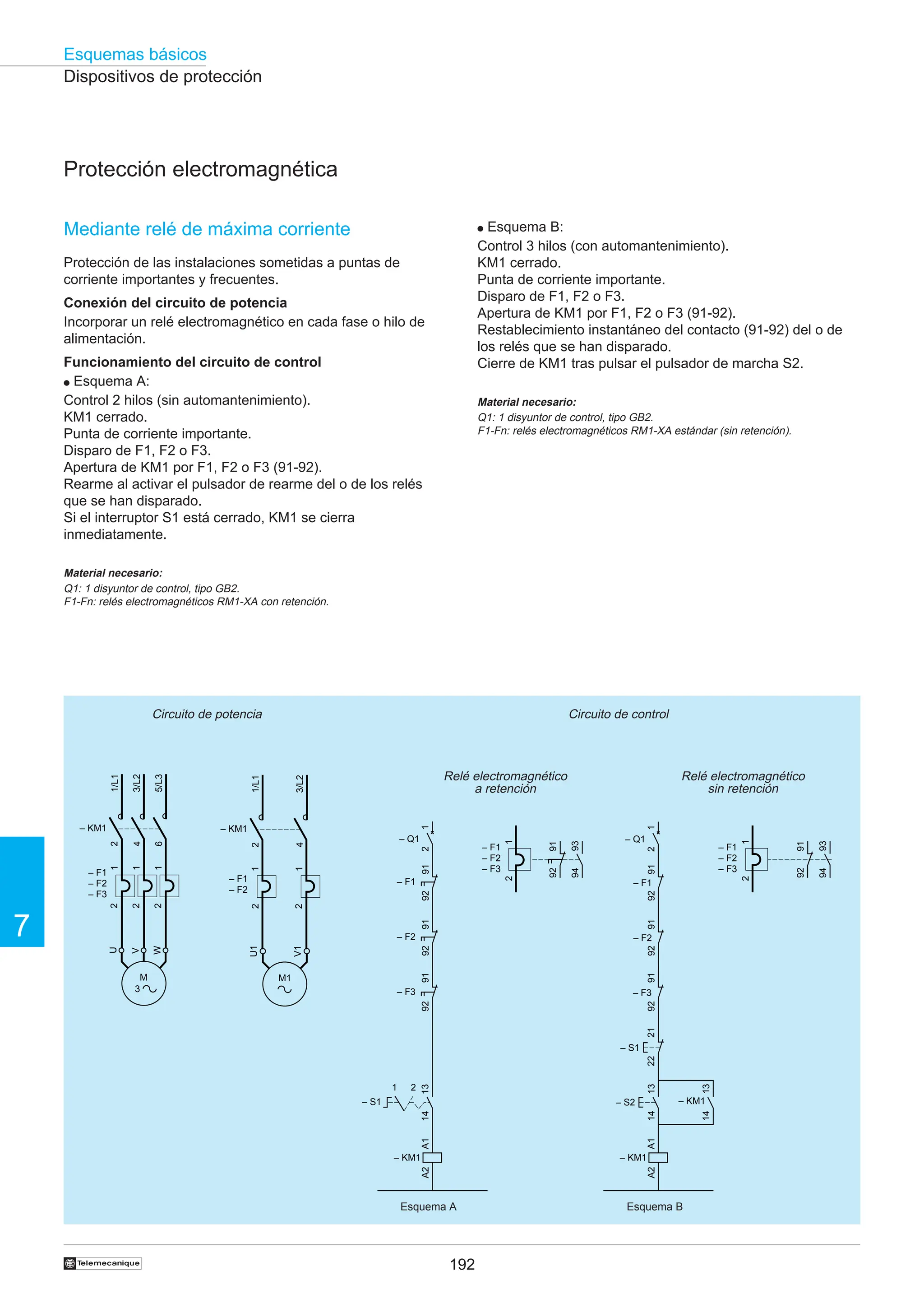 192
Esquemas básicos
7
†
Dispositivos de protección
Protección electromagnética
Mediante relé de máxima corriente
Protección de las instalaciones sometidas a puntas de
corriente importantes y frecuentes.
Conexión del circuito de potencia
Incorporar un relé electromagnético en cada fase o hilo de
alimentación.
Funcionamiento del circuito de control
● Esquema A:
Control 2 hilos (sin automantenimiento).
KM1 cerrado.
Punta de corriente importante.
Disparo de F1, F2 o F3.
Apertura de KM1 por F1, F2 o F3 (91-92).
Rearme al activar el pulsador de rearme del o de los relés
que se han disparado.
Si el interruptor S1 está cerrado, KM1 se cierra
inmediatamente.
Material necesario:
Q1: 1 disyuntor de control, tipo GB2.
F1-Fn: relés electromagnéticos RM1-XA con retención.
● Esquema B:
Control 3 hilos (con automantenimiento).
KM1 cerrado.
Punta de corriente importante.
Disparo de F1, F2 o F3.
Apertura de KM1 por F1, F2 o F3 (91-92).
Restablecimiento instantáneo del contacto (91-92) del o de
los relés que se han disparado.
Cierre de KM1 tras pulsar el pulsador de marcha S2.
Material necesario:
Q1: 1 disyuntor de control, tipo GB2.
F1-Fn: relés electromagnéticos RM1-XA estándar (sin retención).
Circuito de potencia
Relé electromagnético
a retención
Relé electromagnético
sin retención
Circuito de control
– F2
91
92
A1
A2
– KM1
91
92
91
92
– F3
– F1
13
14
– S1
2
1
– Q1
1
2
1
2
– F1
– F2
– F3
93
94
91
92
1
2
93
94
91
92
– F1
– F2
– F3
– F2
– F3
– F1
91
92
A1
A2
– KM1
13
14
– S2
91
92
13
14
– KM1
21
22
– S1
91
92
– Q1
1
2
Esquema A Esquema B
2
4
6
1/L1
3/L2
5/L3
– KM1
1
2
– F1
– F2
– F3
1
2
1
2
U
W
M
3
V
2
4
1/L1
3/L2
– KM1
1
2
– F1
– F2
1
2
M1
U1
V1
 