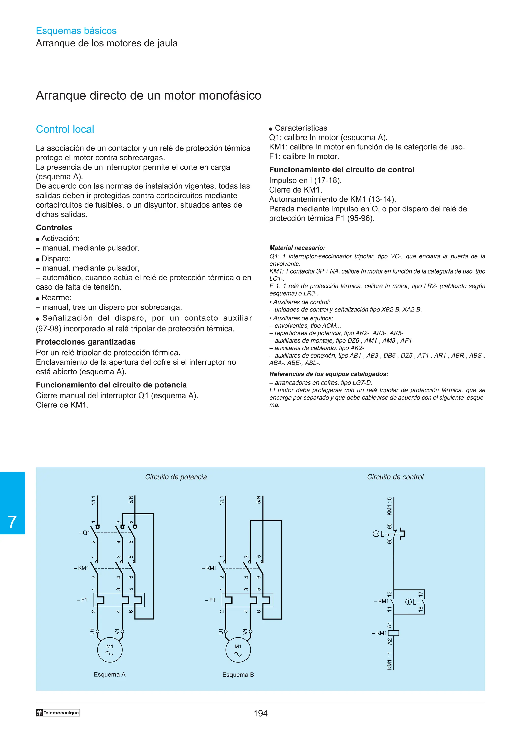 194
Esquemas básicos
7
†
Arranque de los motores de jaula
Arranque directo de un motor monofásico
● Características
Q1: calibre In motor (esquema A).
KM1: calibre In motor en función de la categoría de uso.
F1: calibre In motor.
Funcionamiento del circuito de control
Impulso en I (17-18).
Cierre de KM1.
Automantenimiento de KM1 (13-14).
Parada mediante impulso en O, o por disparo del relé de
protección térmica F1 (95-96).
95
96
17
18
13
14
– KM1 I
O
KM1
:
5
KM1
:
1
A1
A2
– KM1
Circuito de control
Esquema A Esquema B
Circuito de potencia
Control local
La asociación de un contactor y un relé de protección térmica
protege el motor contra sobrecargas.
La presencia de un interruptor permite el corte en carga
(esquema A).
De acuerdo con las normas de instalación vigentes, todas las
salidas deben ir protegidas contra cortocircuitos mediante
cortacircuitos de fusibles, o un disyuntor, situados antes de
dichas salidas.
Controles
● Activación:
– manual, mediante pulsador.
● Disparo:
– manual, mediante pulsador,
– automático, cuando actúa el relé de protección térmica o en
caso de falta de tensión.
● Rearme:
– manual, tras un disparo por sobrecarga.
● Señalización del disparo, por un contacto auxiliar
(97-98) incorporado al relé tripolar de protección térmica.
Protecciones garantizadas
Por un relé tripolar de protección térmica.
Enclavamiento de la apertura del cofre si el interruptor no
está abierto (esquema A).
Funcionamiento del circuito de potencia
Cierre manual del interruptor Q1 (esquema A).
Cierre de KM1.
Material necesario:
Q1: 1 interruptor-seccionador tripolar, tipo VC-, que enclava la puerta de la
envolvente.
KM1: 1 contactor 3P + NA, calibre In motor en función de la categoría de uso, tipo
LC1-.
F 1: 1 relé de protección térmica, calibre In motor, tipo LR2- (cableado según
esquema) o LR3-.
• Auxiliares de control:
– unidades de control y señalización tipo XB2-B, XA2-B.
• Auxiliares de equipos:
– envolventes, tipo ACM…
– repartidores de potencia, tipo AK2-, AK3-, AK5-
– auxiliares de montaje, tipo DZ6-, AM1-, AM3-, AF1-
– auxiliares de cableado, tipo AK2-
– auxiliares de conexión, tipo AB1-, AB3-, DB6-, DZ5-, AT1-, AR1-, ABR-, ABS-,
ABA-, ABE-, ABL-.
Referencias de los equipos catalogados:
– arrancadores en cofres, tipo LG7-D.
El motor debe protegerse con un relé tripolar de protección térmica, que se
encarga por separado y que debe cablearse de acuerdo con el siguiente esque-
ma.
2
4
6
2
4
6
1
3
5
– KM1
1/L1
3
5/N
1
3
5
2
4
6
– F1
– Q1
1
5
M1
U1
V1
2
4
6
3
– KM1
1/L1
5/N
1
5
2
4
6
– F1
1
3
5
M1
U1
V1
 