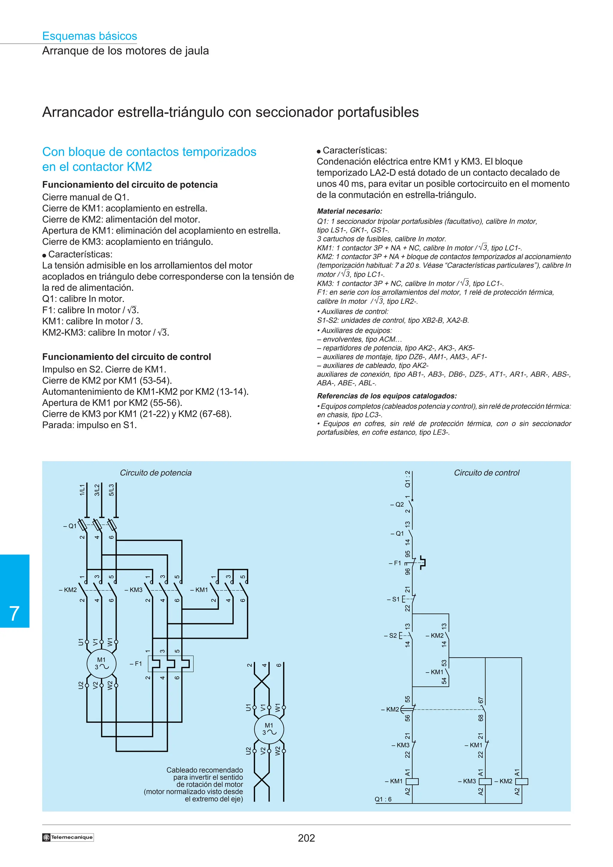 202
Esquemas básicos
7
†
Con bloque de contactos temporizados
en el contactor KM2
Funcionamiento del circuito de potencia
Cierre manual de Q1.
Cierre de KM1: acoplamiento en estrella.
Cierre de KM2: alimentación del motor.
Apertura de KM1: eliminación del acoplamiento en estrella.
Cierre de KM3: acoplamiento en triángulo.
● Características:
La tensión admisible en los arrollamientos del motor
acoplados en triángulo debe corresponderse con la tensión de
la red de alimentación.
Q1: calibre In motor.
F1: calibre In motor / 3.
KM1: calibre In motor / 3.
KM2-KM3: calibre In motor / 3.
Funcionamiento del circuito de control
Impulso en S2. Cierre de KM1.
Cierre de KM2 por KM1 (53-54).
Automantenimiento de KM1-KM2 por KM2 (13-14).
Apertura de KM1 por KM2 (55-56).
Cierre de KM3 por KM1 (21-22) y KM2 (67-68).
Parada: impulso en S1.
Arranque de los motores de jaula
Arrancador estrella-triángulo con seccionador portafusibles
● Características:
Condenación eléctrica entre KM1 y KM3. El bloque
temporizado LA2-D está dotado de un contacto decalado de
unos 40 ms, para evitar un posible cortocircuito en el momento
de la conmutación en estrella-triángulo.
Circuito de control
Circuito de potencia
Cableado recomendado
para invertir el sentido
de rotación del motor
(motor normalizado visto desde
el extremo del eje)
Material necesario:
Q1: 1 seccionador tripolar portafusibles (facultativo), calibre In motor,
tipo LS1-, GK1-, GS1-.
3 cartuchos de fusibles, calibre In motor.
KM1: 1 contactor 3P + NA + NC, calibre In motor / 3, tipo LC1-.
KM2: 1 contactor 3P + NA + bloque de contactos temporizados al accionamiento
(temporización habitual: 7 a 20 s. Véase “Características particulares”), calibre In
motor / 3, tipo LC1-.
KM3: 1 contactor 3P + NC, calibre In motor / 3, tipo LC1-.
F1: en serie con los arrollamientos del motor, 1 relé de protección térmica,
calibre In motor / 3, tipo LR2-.
• Auxiliares de control:
S1-S2: unidades de control, tipo XB2-B, XA2-B.
• Auxiliares de equipos:
– envolventes, tipo ACM…
– repartidores de potencia, tipo AK2-, AK3-, AK5-
– auxiliares de montaje, tipo DZ6-, AM1-, AM3-, AF1-
– auxiliares de cableado, tipo AK2-
auxiliares de conexión, tipo AB1-, AB3-, DB6-, DZ5-, AT1-, AR1-, ABR-, ABS-,
ABA-, ABE-, ABL-.
Referencias de los equipos catalogados:
• Equipos completos (cableados potencia y control), sin relé de protección térmica:
en chasis, tipo LC3-.
• Equipos en cofres, sin relé de protección térmica, con o sin seccionador
portafusibles, en cofre estanco, tipo LE3-.
95
96
– F1
A1
A2
– KM1
13
14
– S2
21
22
13
14
– KM2
21
22
– KM3
21
22
– KM1
A1
A2
– KM3
– S1
– Q2
1
2
13
14
– Q1
Q1
:
2
Q1 : 6
A1
A2
– KM2
53
54
– KM1
55
56
– KM2
67
68
2
4
6
M1
3
U1
W1
V1
U2
W2
V2
2
4
6
– Q1
2
4
6
1
3
5
– KM2
1/L1
3/L2
5/L3
2
4
6
1
3
5
– KM3
2
4
6
1
3
5
– KM1
1
3
5
2
4
6
– F1
M1
3
U1
W1
V1
U2
W2
V2
 