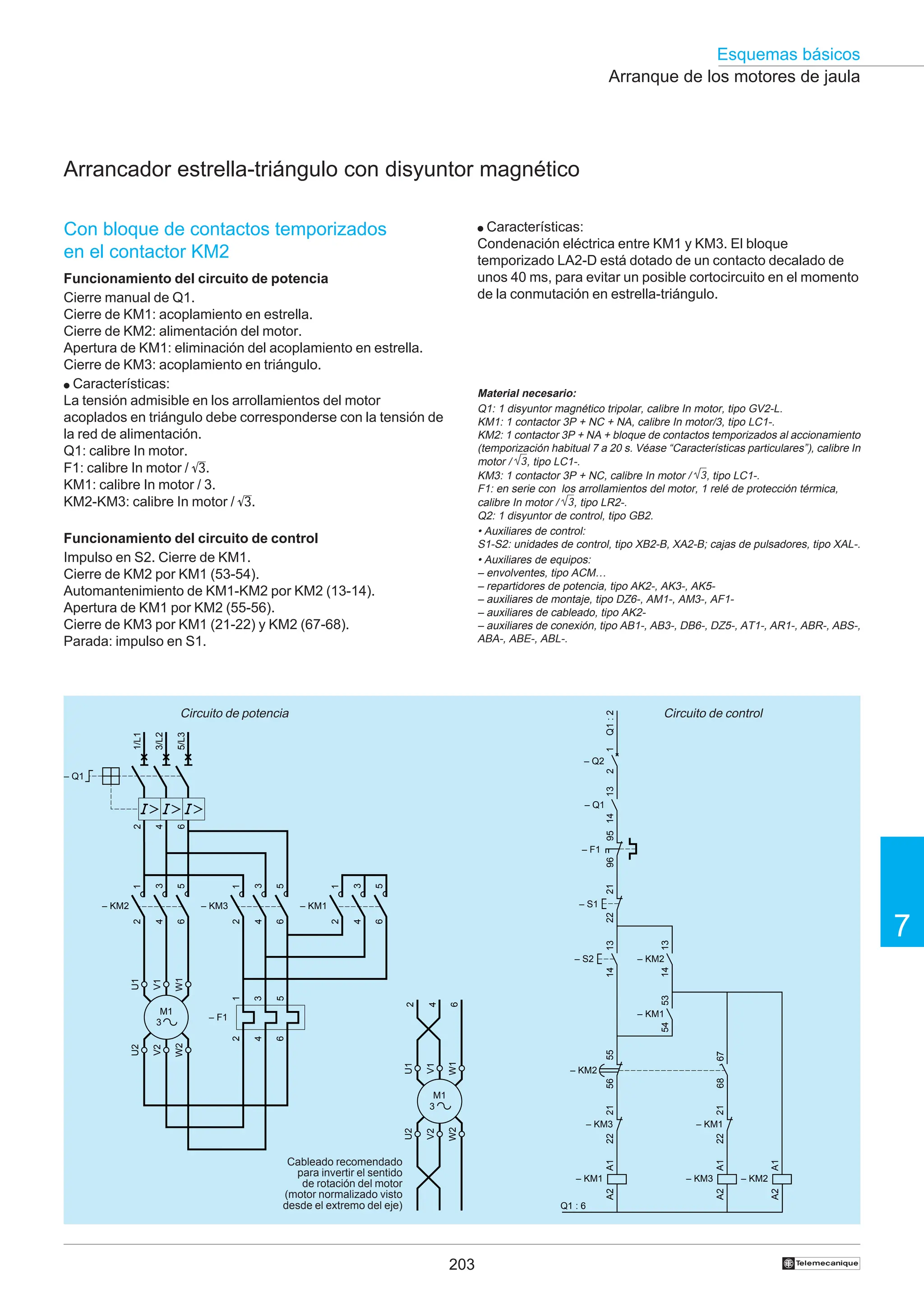 203
Esquemas básicos
7
†
Con bloque de contactos temporizados
en el contactor KM2
Funcionamiento del circuito de potencia
Cierre manual de Q1.
Cierre de KM1: acoplamiento en estrella.
Cierre de KM2: alimentación del motor.
Apertura de KM1: eliminación del acoplamiento en estrella.
Cierre de KM3: acoplamiento en triángulo.
● Características:
La tensión admisible en los arrollamientos del motor
acoplados en triángulo debe corresponderse con la tensión de
la red de alimentación.
Q1: calibre In motor.
F1: calibre In motor / 3.
KM1: calibre In motor / 3.
KM2-KM3: calibre In motor / 3.
Funcionamiento del circuito de control
Impulso en S2. Cierre de KM1.
Cierre de KM2 por KM1 (53-54).
Automantenimiento de KM1-KM2 por KM2 (13-14).
Apertura de KM1 por KM2 (55-56).
Cierre de KM3 por KM1 (21-22) y KM2 (67-68).
Parada: impulso en S1.
Arranque de los motores de jaula
Arrancador estrella-triángulo con disyuntor magnético
● Características:
Condenación eléctrica entre KM1 y KM3. El bloque
temporizado LA2-D está dotado de un contacto decalado de
unos 40 ms, para evitar un posible cortocircuito en el momento
de la conmutación en estrella-triángulo.
Circuito de potencia Circuito de control
Cableado recomendado
para invertir el sentido
de rotación del motor
(motor normalizado visto
desde el extremo del eje)
95
96
– F1
A1
A2
– KM1
13
14
– S2
21
22
13
14
– KM2
21
22
– KM3
21
22
– KM1
A1
A2
– KM3
– S1
– Q2
1
2
13
14
– Q1
Q1
:
2
Q1 : 6
A1
A2
– KM2
53
54
– KM1
55
56
– KM2
67
68
Material necesario:
Q1: 1 disyuntor magnético tripolar, calibre In motor, tipo GV2-L.
KM1: 1 contactor 3P + NC + NA, calibre In motor/3, tipo LC1-.
KM2: 1 contactor 3P + NA + bloque de contactos temporizados al accionamiento
(temporización habitual 7 a 20 s. Véase “Características particulares”), calibre In
motor / 3, tipo LC1-.
KM3: 1 contactor 3P + NC, calibre In motor / 3, tipo LC1-.
F1: en serie con los arrollamientos del motor, 1 relé de protección térmica,
calibre In motor / 3, tipo LR2-.
Q2: 1 disyuntor de control, tipo GB2.
• Auxiliares de control:
S1-S2: unidades de control, tipo XB2-B, XA2-B; cajas de pulsadores, tipo XAL-.
• Auxiliares de equipos:
– envolventes, tipo ACM…
– repartidores de potencia, tipo AK2-, AK3-, AK5-
– auxiliares de montaje, tipo DZ6-, AM1-, AM3-, AF1-
– auxiliares de cableado, tipo AK2-
– auxiliares de conexión, tipo AB1-, AB3-, DB6-, DZ5-, AT1-, AR1-, ABR-, ABS-,
ABA-, ABE-, ABL-.
2
4
6
M1
3
U1
W1
V1
U2
W2
V2
2
4
6
1
3
5
– KM2
2
4
6
1
3
5
– KM3
2
4
6
1
3
5
– KM1
1
3
5
2
4
6
– F1
M1
3
U1
W1
V1
U2
W2
V2
2
4
6
1/L1
– Q1
3/L2
5/L3
 