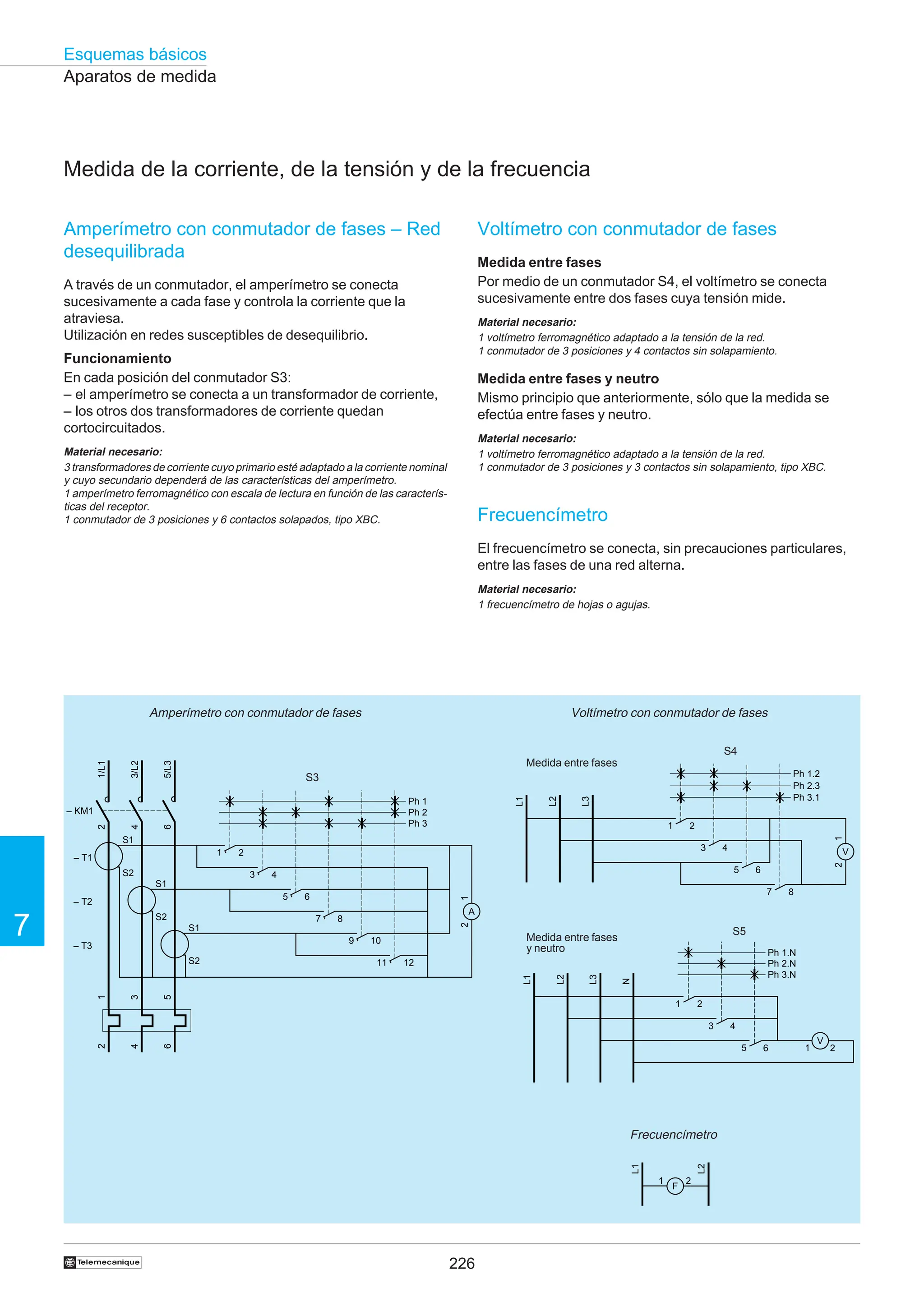 226
Esquemas básicos
7
†
Medida de la corriente, de la tensión y de la frecuencia
Amperímetro con conmutador de fases Voltímetro con conmutador de fases
L1
L2
L3
2
1
4
3
6
5
8
7
Ph 1.2
Ph 2.3
Ph 3.1
V
1
2
L1
F
L2
2
1
Medida entre fases
L1
L2
L3
2
1
4
3
6
5
Ph 1.N
Ph 2.N
Ph 3.N
V
N
2
1
Medida entre fases
y neutro
Frecuencímetro
Amperímetro con conmutador de fases – Red
desequilibrada
A través de un conmutador, el amperímetro se conecta
sucesivamente a cada fase y controla la corriente que la
atraviesa.
Utilización en redes susceptibles de desequilibrio.
Funcionamiento
En cada posición del conmutador S3:
– el amperímetro se conecta a un transformador de corriente,
– los otros dos transformadores de corriente quedan
cortocircuitados.
Material necesario:
3 transformadores de corriente cuyo primario esté adaptado a la corriente nominal
y cuyo secundario dependerá de las características del amperímetro.
1 amperímetro ferromagnético con escala de lectura en función de las caracterís-
ticas del receptor.
1 conmutador de 3 posiciones y 6 contactos solapados, tipo XBC.
Voltímetro con conmutador de fases
Medida entre fases
Por medio de un conmutador S4, el voltímetro se conecta
sucesivamente entre dos fases cuya tensión mide.
Material necesario:
1 voltímetro ferromagnético adaptado a la tensión de la red.
1 conmutador de 3 posiciones y 4 contactos sin solapamiento.
Medida entre fases y neutro
Mismo principio que anteriormente, sólo que la medida se
efectúa entre fases y neutro.
Material necesario:
1 voltímetro ferromagnético adaptado a la tensión de la red.
1 conmutador de 3 posiciones y 3 contactos sin solapamiento, tipo XBC.
Frecuencímetro
El frecuencímetro se conecta, sin precauciones particulares,
entre las fases de una red alterna.
Material necesario:
1 frecuencímetro de hojas o agujas.
Aparatos de medida
S3
S4
S5
1/L1
3/L2
5/L3
2
4
6
– KM1
– T1
1
2
3
4
5
6
– T2
– T3
S2
S1
S2
S1
S2
S1
2
1
4
3
6
5
8
7
10
9
12
11
Ph 1
Ph 2
Ph 3
A
1
2
 