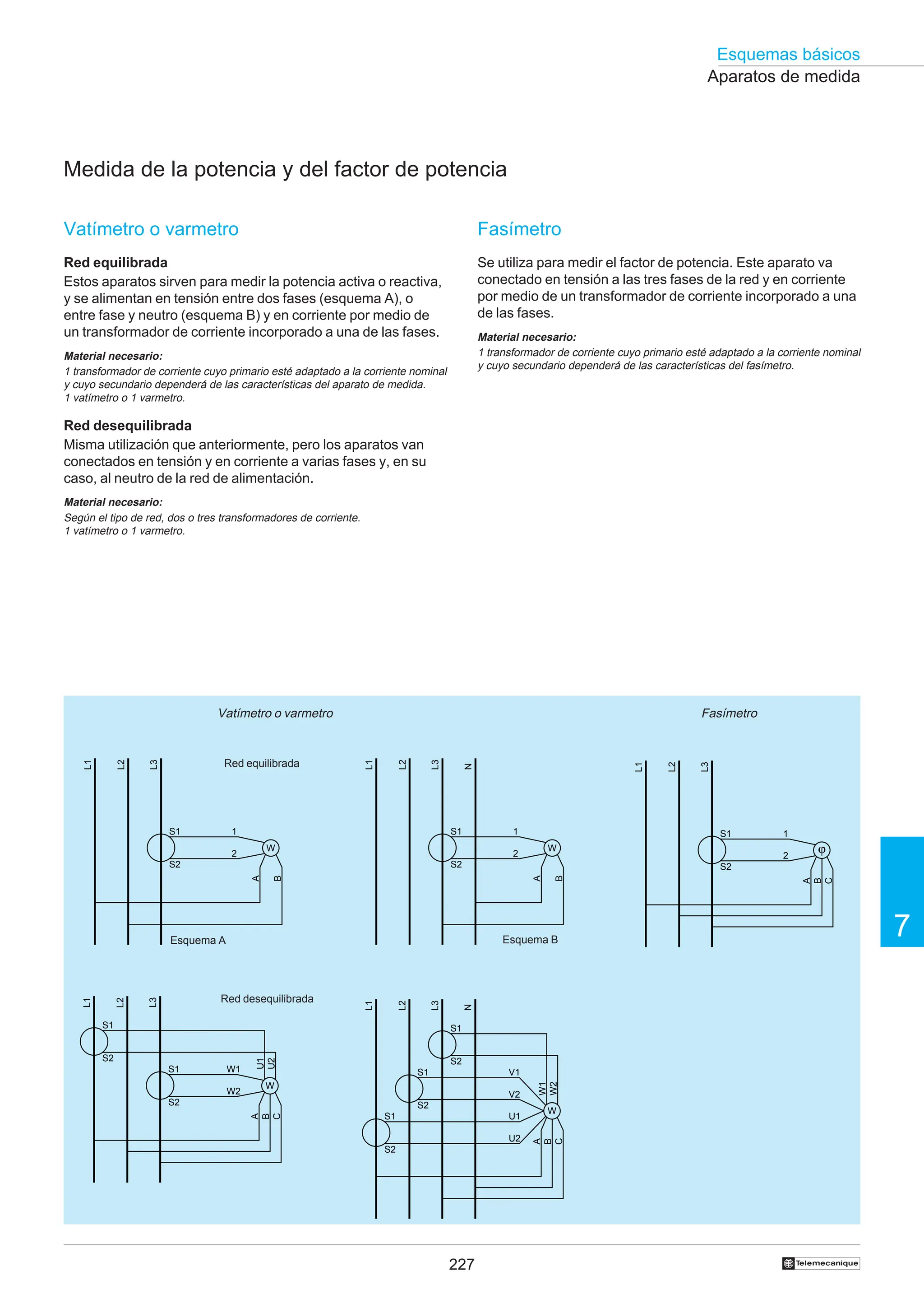 227
Esquemas básicos
7
†
Aparatos de medida
Medida de la potencia y del factor de potencia
L1
L2
L3
S2
S1
ϕ
B
A
C
1
2
Fasímetro
Esquema A
Vatímetro o varmetro
L1
L2
L3
S2
S1
W
A
B
1
2
L1
L2
L3
S2
S1
S2
S1
W
U1
B
A
U2
C
W1
W2
L1
L2
L3
S2
S1
W
A
B
N
1
2
L1
L2
L3
S2
S1
S2
S1
W
W1
B
A
W2
C
V1
V2
N
S2
S1 U1
U2
Red equilibrada
Red desequilibrada
Esquema B
Vatímetro o varmetro
Red equilibrada
Estos aparatos sirven para medir la potencia activa o reactiva,
y se alimentan en tensión entre dos fases (esquema A), o
entre fase y neutro (esquema B) y en corriente por medio de
un transformador de corriente incorporado a una de las fases.
Material necesario:
1 transformador de corriente cuyo primario esté adaptado a la corriente nominal
y cuyo secundario dependerá de las características del aparato de medida.
1 vatímetro o 1 varmetro.
Red desequilibrada
Misma utilización que anteriormente, pero los aparatos van
conectados en tensión y en corriente a varias fases y, en su
caso, al neutro de la red de alimentación.
Material necesario:
Según el tipo de red, dos o tres transformadores de corriente.
1 vatímetro o 1 varmetro.
Fasímetro
Se utiliza para medir el factor de potencia. Este aparato va
conectado en tensión a las tres fases de la red y en corriente
por medio de un transformador de corriente incorporado a una
de las fases.
Material necesario:
1 transformador de corriente cuyo primario esté adaptado a la corriente nominal
y cuyo secundario dependerá de las características del fasímetro.
 