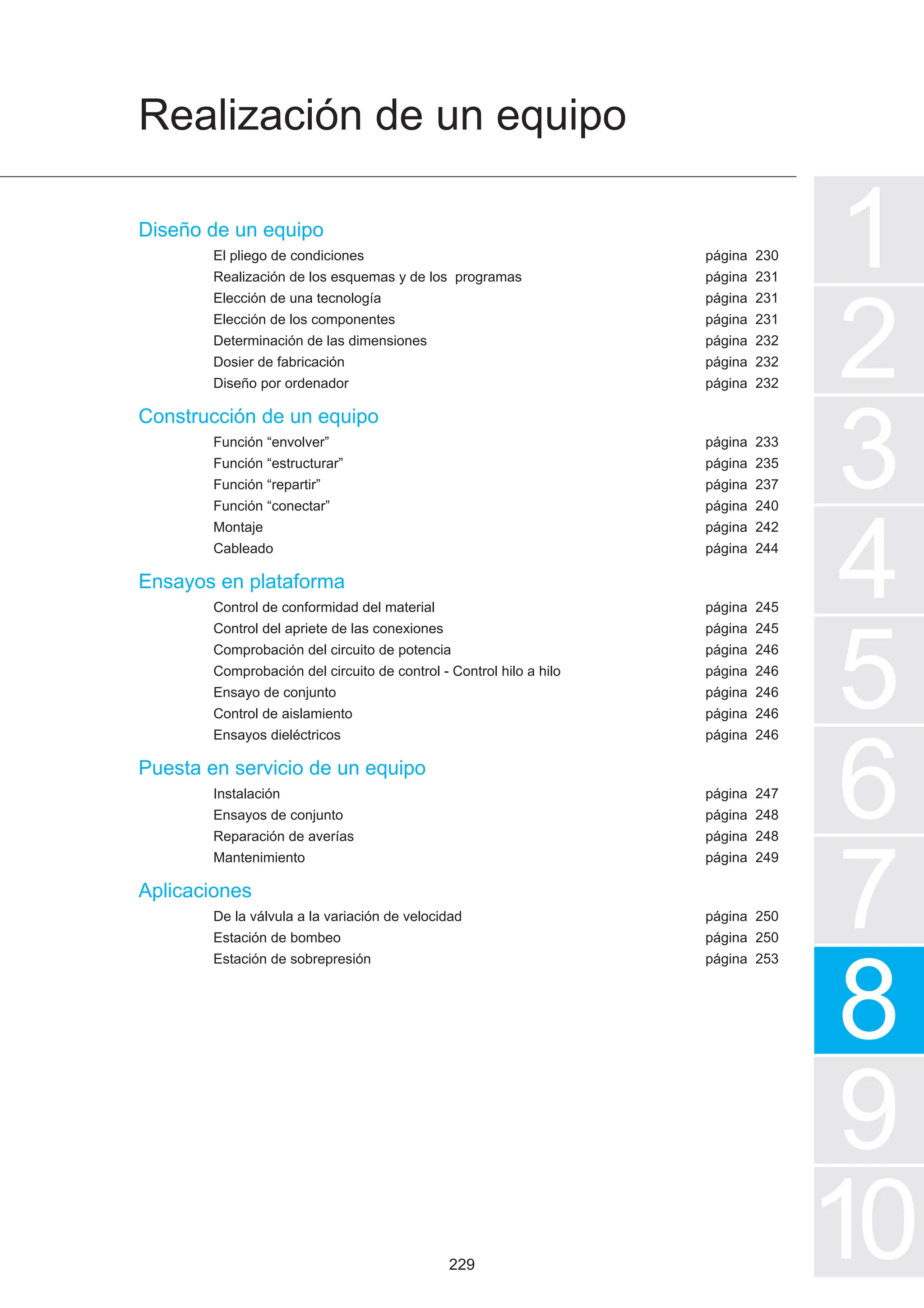 Realización de un equipo
1
2
3
4
5
7
6
8
9
10
página
página
página
página
página
página
página
página
página
página
página
página
página
página
página
página
página
página
página
página
página
página
página
página
página
página
página
230
231
231
231
232
232
232
233
235
237
240
242
244
245
245
246
246
246
246
246
247
248
248
249
250
250
253
229
Diseño de un equipo
El pliego de condiciones
Realización de los esquemas y de los programas
Elección de una tecnología
Elección de los componentes
Determinación de las dimensiones
Dosier de fabricación
Diseño por ordenador
Construcción de un equipo
Función “envolver”
Función “estructurar”
Función “repartir”
Función “conectar”
Montaje
Cableado
Ensayos en plataforma
Control de conformidad del material
Control del apriete de las conexiones
Comprobación del circuito de potencia
Comprobación del circuito de control - Control hilo a hilo
Ensayo de conjunto
Control de aislamiento
Ensayos dieléctricos
Puesta en servicio de un equipo
Instalación
Ensayos de conjunto
Reparación de averías
Mantenimiento
Aplicaciones
De la válvula a la variación de velocidad
Estación de bombeo
Estación de sobrepresión
 