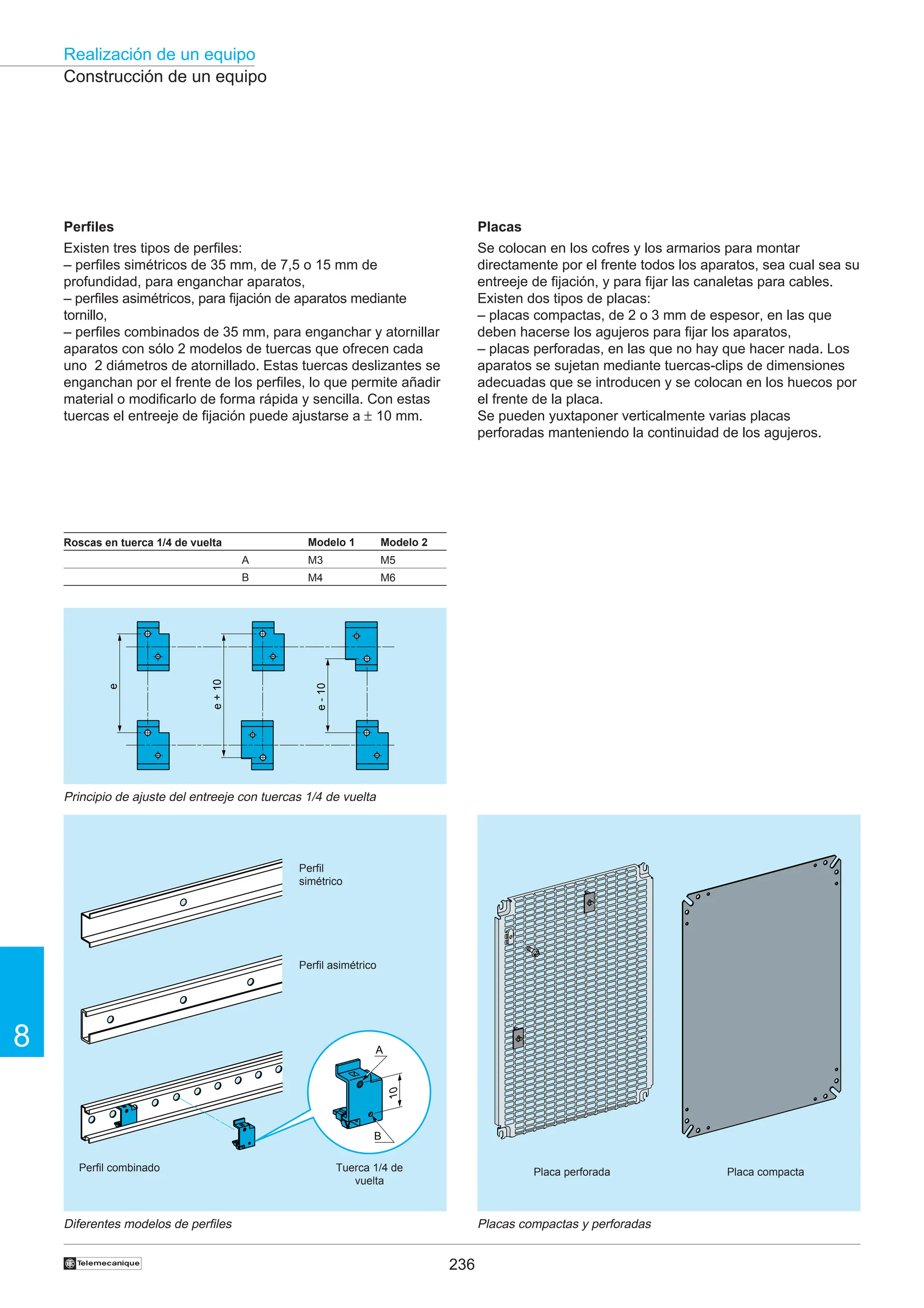 236
Realización de un equipo
8
†
10
A
B
Construcción de un equipo
Diferentes modelos de perfiles Placas compactas y perforadas
Placas
Se colocan en los cofres y los armarios para montar
directamente por el frente todos los aparatos, sea cual sea su
entreeje de fijación, y para fijar las canaletas para cables.
Existen dos tipos de placas:
– placas compactas, de 2 o 3 mm de espesor, en las que
deben hacerse los agujeros para fijar los aparatos,
– placas perforadas, en las que no hay que hacer nada. Los
aparatos se sujetan mediante tuercas-clips de dimensiones
adecuadas que se introducen y se colocan en los huecos por
el frente de la placa.
Se pueden yuxtaponer verticalmente varias placas
perforadas manteniendo la continuidad de los agujeros.
Placa perforada Placa compacta
Perfiles
Existen tres tipos de perfiles:
– perfiles simétricos de 35 mm, de 7,5 o 15 mm de
profundidad, para enganchar aparatos,
– perfiles asimétricos, para fijación de aparatos mediante
tornillo,
– perfiles combinados de 35 mm, para enganchar y atornillar
aparatos con sólo 2 modelos de tuercas que ofrecen cada
uno 2 diámetros de atornillado. Estas tuercas deslizantes se
enganchan por el frente de los perfiles, lo que permite añadir
material o modificarlo de forma rápida y sencilla. Con estas
tuercas el entreeje de fijación puede ajustarse a ± 10 mm.
Roscas en tuerca 1/4 de vuelta
M3 M5
M4 M6
Perfil
simétrico
Perfil asimétrico
Perfil combinado Tuerca 1/4 de
vuelta
e
e
+
10
e
-
10
B
A
Modelo 1 Modelo 2
Principio de ajuste del entreeje con tuercas 1/4 de vuelta
 