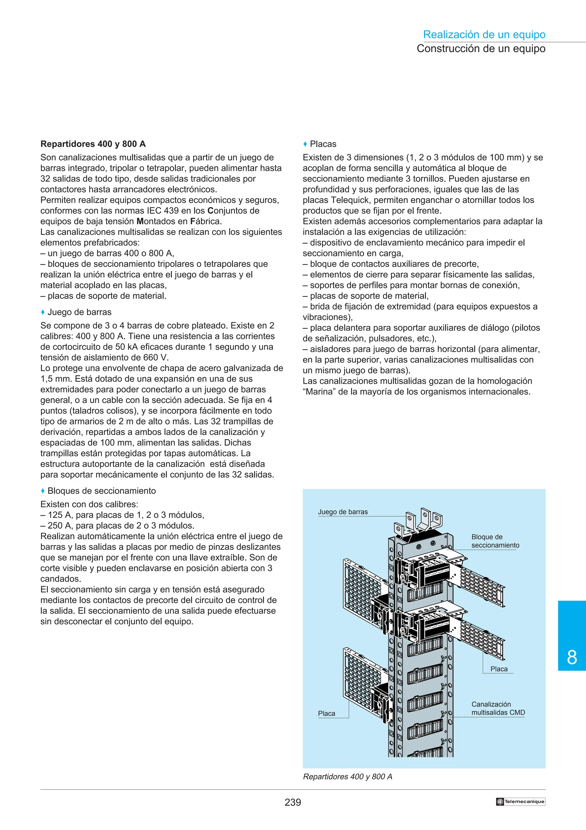 239
Realización de un equipo
8
†
Construcción de un equipo
Repartidores 400 y 800 A
Son canalizaciones multisalidas que a partir de un juego de
barras integrado, tripolar o tetrapolar, pueden alimentar hasta
32 salidas de todo tipo, desde salidas tradicionales por
contactores hasta arrancadores electrónicos.
Permiten realizar equipos compactos económicos y seguros,
conformes con las normas IEC 439 en los Conjuntos de
equipos de baja tensión Montados en Fábrica.
Las canalizaciones multisalidas se realizan con los siguientes
elementos prefabricados:
– un juego de barras 400 o 800 A,
– bloques de seccionamiento tripolares o tetrapolares que
realizan la unión eléctrica entre el juego de barras y el
material acoplado en las placas,
– placas de soporte de material.
♦ Juego de barras
Se compone de 3 o 4 barras de cobre plateado. Existe en 2
calibres: 400 y 800 A. Tiene una resistencia a las corrientes
de cortocircuito de 50 kA eficaces durante 1 segundo y una
tensión de aislamiento de 660 V.
Lo protege una envolvente de chapa de acero galvanizada de
1,5 mm. Está dotado de una expansión en una de sus
extremidades para poder conectarlo a un juego de barras
general, o a un cable con la sección adecuada. Se fija en 4
puntos (taladros colisos), y se incorpora fácilmente en todo
tipo de armarios de 2 m de alto o más. Las 32 trampillas de
derivación, repartidas a ambos lados de la canalización y
espaciadas de 100 mm, alimentan las salidas. Dichas
trampillas están protegidas por tapas automáticas. La
estructura autoportante de la canalización está diseñada
para soportar mecánicamente el conjunto de las 32 salidas.
♦ Bloques de seccionamiento
Existen con dos calibres:
– 125 A, para placas de 1, 2 o 3 módulos,
– 250 A, para placas de 2 o 3 módulos.
Realizan automáticamente la unión eléctrica entre el juego de
barras y las salidas a placas por medio de pinzas deslizantes
que se manejan por el frente con una llave extraíble. Son de
corte visible y pueden enclavarse en posición abierta con 3
candados.
El seccionamiento sin carga y en tensión está asegurado
mediante los contactos de precorte del circuito de control de
la salida. El seccionamiento de una salida puede efectuarse
sin desconectar el conjunto del equipo.
♦ Placas
Existen de 3 dimensiones (1, 2 o 3 módulos de 100 mm) y se
acoplan de forma sencilla y automática al bloque de
seccionamiento mediante 3 tornillos. Pueden ajustarse en
profundidad y sus perforaciones, iguales que las de las
placas Telequick, permiten enganchar o atornillar todos los
productos que se fijan por el frente.
Existen además accesorios complementarios para adaptar la
instalación a las exigencias de utilización:
– dispositivo de enclavamiento mecánico para impedir el
seccionamiento en carga,
– bloque de contactos auxiliares de precorte,
– elementos de cierre para separar físicamente las salidas,
– soportes de perfiles para montar bornas de conexión,
– placas de soporte de material,
– brida de fijación de extremidad (para equipos expuestos a
vibraciones),
– placa delantera para soportar auxiliares de diálogo (pilotos
de señalización, pulsadores, etc.),
– aisladores para juego de barras horizontal (para alimentar,
en la parte superior, varias canalizaciones multisalidas con
un mismo juego de barras).
Las canalizaciones multisalidas gozan de la homologación
“Marina” de la mayoría de los organismos internacionales.
Repartidores 400 y 800 A
Placa
Placa
Canalización
multisalidas CMD
Bloque de
seccionamiento
Juego de barras
 