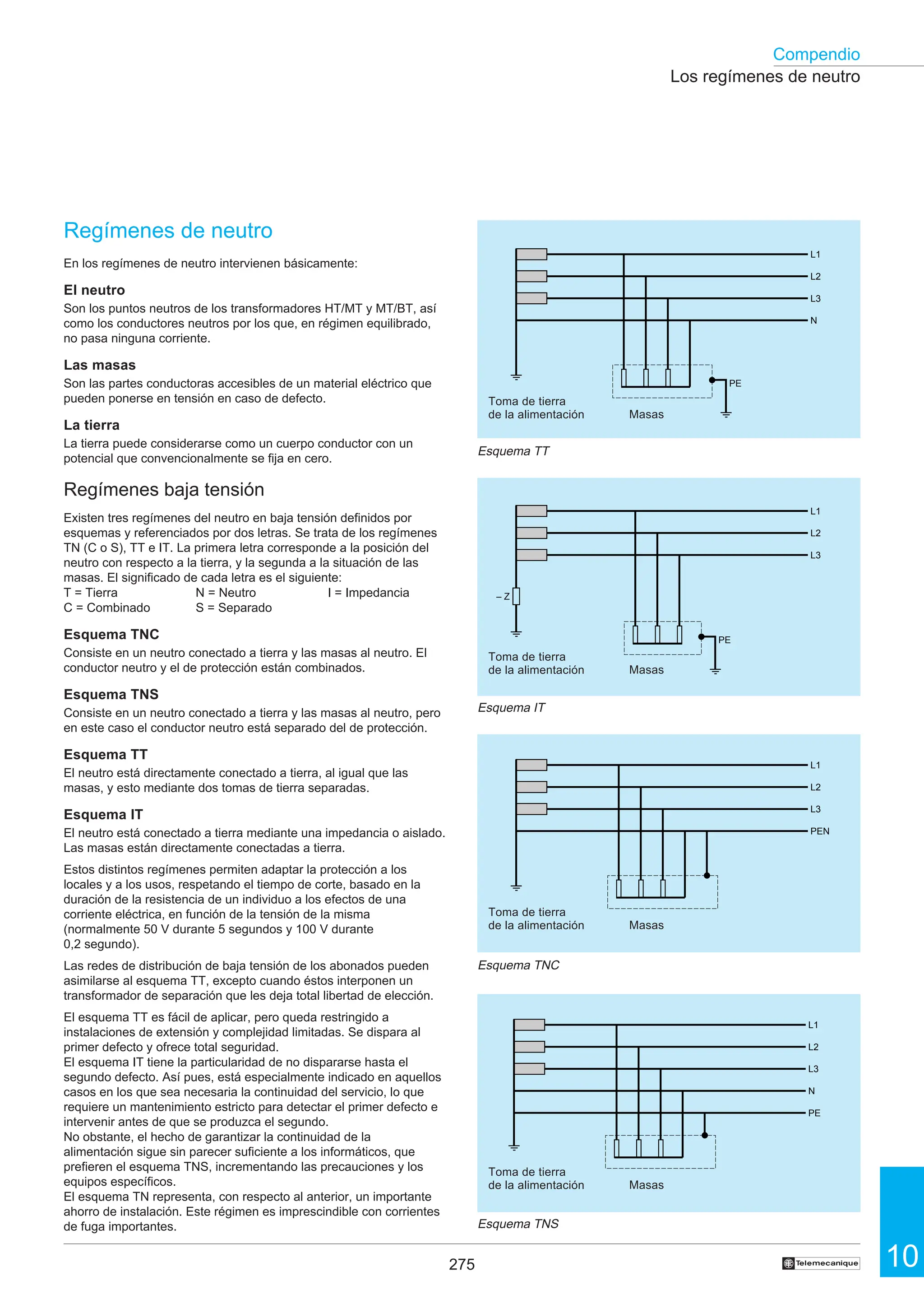 275 10
Compendio
†
Los regímenes de neutro
Regímenes de neutro
En los regímenes de neutro intervienen básicamente:
El neutro
Son los puntos neutros de los transformadores HT/MT y MT/BT, así
como los conductores neutros por los que, en régimen equilibrado,
no pasa ninguna corriente.
Las masas
Son las partes conductoras accesibles de un material eléctrico que
pueden ponerse en tensión en caso de defecto.
La tierra
La tierra puede considerarse como un cuerpo conductor con un
potencial que convencionalmente se fija en cero.
Regímenes baja tensión
Existen tres regímenes del neutro en baja tensión definidos por
esquemas y referenciados por dos letras. Se trata de los regímenes
TN (C o S), TT e IT. La primera letra corresponde a la posición del
neutro con respecto a la tierra, y la segunda a la situación de las
masas. El significado de cada letra es el siguiente:
T = Tierra N = Neutro I = Impedancia
C = Combinado S = Separado
Esquema TNC
Consiste en un neutro conectado a tierra y las masas al neutro. El
conductor neutro y el de protección están combinados.
Esquema TNS
Consiste en un neutro conectado a tierra y las masas al neutro, pero
en este caso el conductor neutro está separado del de protección.
Esquema TT
El neutro está directamente conectado a tierra, al igual que las
masas, y esto mediante dos tomas de tierra separadas.
Esquema IT
El neutro está conectado a tierra mediante una impedancia o aislado.
Las masas están directamente conectadas a tierra.
Estos distintos regímenes permiten adaptar la protección a los
locales y a los usos, respetando el tiempo de corte, basado en la
duración de la resistencia de un individuo a los efectos de una
corriente eléctrica, en función de la tensión de la misma
(normalmente 50 V durante 5 segundos y 100 V durante
0,2 segundo).
Las redes de distribución de baja tensión de los abonados pueden
asimilarse al esquema TT, excepto cuando éstos interponen un
transformador de separación que les deja total libertad de elección.
El esquema TT es fácil de aplicar, pero queda restringido a
instalaciones de extensión y complejidad limitadas. Se dispara al
primer defecto y ofrece total seguridad.
El esquema IT tiene la particularidad de no dispararse hasta el
segundo defecto. Así pues, está especialmente indicado en aquellos
casos en los que sea necesaria la continuidad del servicio, lo que
requiere un mantenimiento estricto para detectar el primer defecto e
intervenir antes de que se produzca el segundo.
No obstante, el hecho de garantizar la continuidad de la
alimentación sigue sin parecer suficiente a los informáticos, que
prefieren el esquema TNS, incrementando las precauciones y los
equipos específicos.
El esquema TN representa, con respecto al anterior, un importante
ahorro de instalación. Este régimen es imprescindible con corrientes
de fuga importantes.
Esquema TNC
Esquema IT
Esquema TNS
L1
L2
L3
N
PE
L1
L2
L3
PEN
L1
L2
L3
PE
– Z
L1
L2
L3
N
PE
Toma de tierra
de la alimentación
Toma de tierra
de la alimentación
Toma de tierra
de la alimentación
Toma de tierra
de la alimentación
Masas
Masas
Masas
Masas
Esquema TT
 