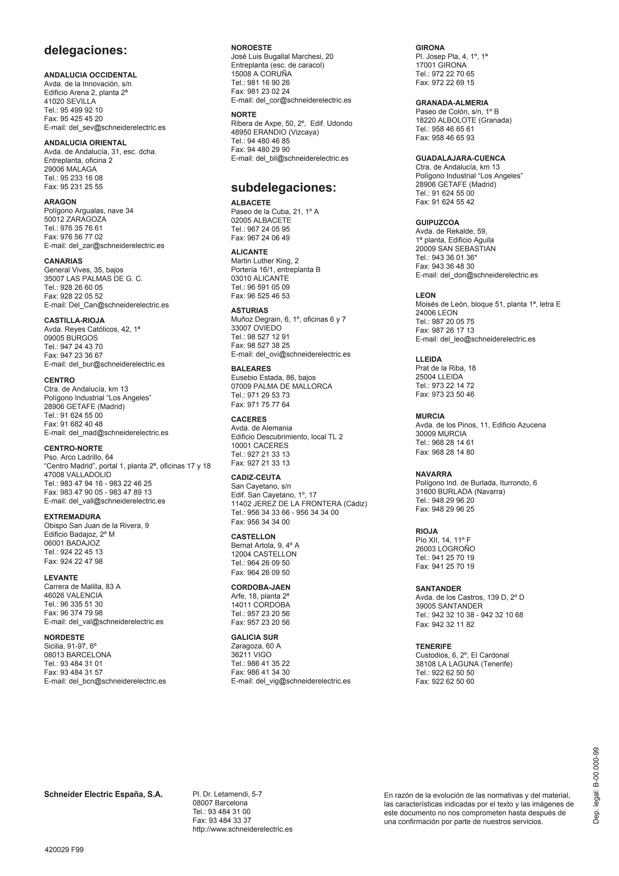 delegaciones:
ANDALUCIA OCCIDENTAL
Avda. de la Innovación, s/n
Edificio Arena 2, planta 2ª
41020 SEVILLA
Tel.: 95 499 92 10
Fax: 95 425 45 20
E-mail: del_sev@schneiderelectric.es
GRANADA-ALMERIA
Paseo de Colón, s/n, 1º B
18220 ALBOLOTE (Granada)
Tel.: 958 46 65 61
Fax: 958 46 65 93
GALICIA SUR
Zaragoza, 60 A
36211 VIGO
Tel.: 986 41 35 22
Fax: 986 41 34 30
E-mail: del_vig@schneiderelectric.es
CORDOBA-JAEN
Arfe, 18, planta 2ª
14011 CORDOBA
Tel.: 957 23 20 56
Fax: 957 23 20 56
CASTELLON
Bernat Artola, 9, 4º A
12004 CASTELLON
Tel.: 964 26 09 50
Fax: 964 26 09 50
CADIZ-CEUTA
San Cayetano, s/n
Edif. San Cayetano, 1º, 17
11402 JEREZ DE LA FRONTERA (Cádiz)
Tel.: 956 34 33 66 - 956 34 34 00
Fax: 956 34 34 00
CACERES
Avda. de Alemania
Edificio Descubrimiento, local TL 2
10001 CACERES
Tel.: 927 21 33 13
Fax: 927 21 33 13
BALEARES
Eusebio Estada, 86, bajos
07009 PALMA DE MALLORCA
Tel.: 971 29 53 73
Fax: 971 75 77 64
ASTURIAS
Muñoz Degrain, 6, 1º, oficinas 6 y 7
33007 OVIEDO
Tel.: 98 527 12 91
Fax: 98 527 38 25
E-mail: del_ovi@schneiderelectric.es
ALICANTE
Martin Luther King, 2
Portería 16/1, entreplanta B
03010 ALICANTE
Tel.: 96 591 05 09
Fax: 96 525 46 53
ALBACETE
Paseo de la Cuba, 21, 1º A
02005 ALBACETE
Tel.: 967 24 05 95
Fax: 967 24 06 49
NORTE
Ribera de Axpe, 50, 2º, Edif. Udondo
48950 ERANDIO (Vizcaya)
Tel.: 94 480 46 85
Fax: 94 480 29 90
E-mail: del_bil@schneiderelectric.es
NOROESTE
José Luis Bugallal Marchesi, 20
Entreplanta (esc. de caracol)
15008 A CORUÑA
Tel.: 981 16 90 26
Fax: 981 23 02 24
E-mail: del_cor@schneiderelectric.es
NORDESTE
Sicilia, 91-97, 6º
08013 BARCELONA
Tel.: 93 484 31 01
Fax: 93 484 31 57
E-mail: del_bcn@schneiderelectric.es
LEVANTE
Carrera de Malilla, 83 A
46026 VALENCIA
Tel.: 96 335 51 30
Fax: 96 374 79 98
E-mail: del_val@schneiderelectric.es
EXTREMADURA
Obispo San Juan de la Rivera, 9
Edificio Badajoz, 2º M
06001 BADAJOZ
Tel.: 924 22 45 13
Fax: 924 22 47 98
CENTRO-NORTE
Pso. Arco Ladrillo, 64
“Centro Madrid”, portal 1, planta 2ª, oficinas 17 y 18
47008 VALLADOLID
Tel.: 983 47 94 16 - 983 22 46 25
Fax: 983 47 90 05 - 983 47 89 13
E-mail: del_vall@schneiderelectric.es
CENTRO
Ctra. de Andalucía, km 13
Polígono Industrial “Los Angeles”
28906 GETAFE (Madrid)
Tel.: 91 624 55 00
Fax: 91 682 40 48
E-mail: del_mad@schneiderelectric.es
CASTILLA-RIOJA
Avda. Reyes Católicos, 42, 1ª
09005 BURGOS
Tel.: 947 24 43 70
Fax: 947 23 36 67
E-mail: del_bur@schneiderelectric.es
CANARIAS
General Vives, 35, bajos
35007 LAS PALMAS DE G. C.
Tel.: 928 26 60 05
Fax: 928 22 05 52
E-mail: Del_Can@schneiderelectric.es
ARAGON
Polígono Argualas, nave 34
50012 ZARAGOZA
Tel.: 976 35 76 61
Fax: 976 56 77 02
E-mail: del_zar@schneiderelectric.es
ANDALUCIA ORIENTAL
Avda. de Andalucía, 31, esc. dcha.
Entreplanta, oficina 2
29006 MALAGA
Tel.: 95 233 16 08
Fax: 95 231 25 55
GIRONA
Pl. Josep Pla, 4, 1º, 1ª
17001 GIRONA
Tel.: 972 22 70 65
Fax: 972 22 69 15
GUADALAJARA-CUENCA
Ctra. de Andalucía, km 13
Polígono Industrial “Los Angeles”
28906 GETAFE (Madrid)
Tel.: 91 624 55 00
Fax: 91 624 55 42
GUIPUZCOA
Avda. de Rekalde, 59,
1ª planta, Edificio Aguila
20009 SAN SEBASTIAN
Tel.: 943 36 01 36*
Fax: 943 36 48 30
E-mail: del_don@schneiderelectric.es
LEON
Moisés de León, bloque 51, planta 1ª, letra E
24006 LEON
Tel.: 987 20 05 75
Fax: 987 26 17 13
E-mail: del_leo@schneiderelectric.es
LLEIDA
Prat de la Riba, 18
25004 LLEIDA
Tel.: 973 22 14 72
Fax: 973 23 50 46
MURCIA
Avda. de los Pinos, 11, Edificio Azucena
30009 MURCIA
Tel.: 968 28 14 61
Fax: 968 28 14 80
NAVARRA
Polígono Ind. de Burlada, Iturrondo, 6
31600 BURLADA (Navarra)
Tel.: 948 29 96 20
Fax: 948 29 96 25
RIOJA
Pío XII, 14, 11º F
26003 LOGROÑO
Tel.: 941 25 70 19
Fax: 941 25 70 19
SANTANDER
Avda. de los Castros, 139 D, 2º D
39005 SANTANDER
Tel.: 942 32 10 38 - 942 32 10 68
Fax: 942 32 11 82
TENERIFE
Custodios, 6, 2º, El Cardonal
38108 LA LAGUNA (Tenerife)
Tel.: 922 62 50 50
Fax: 922 62 50 60
subdelegaciones:
420029 F99
Schneider Electric España, S.A. En razón de la evolución de las normativas y del material,
las características indicadas por el texto y las imágenes de
este documento no nos comprometen hasta después de
una confirmación por parte de nuestros servicios.
Pl. Dr. Letamendi, 5-7
08007 Barcelona
Tel.: 93 484 31 00
Fax: 93 484 33 37
http://www.schneiderelectric.es
Dep.
legal:
B-00.000-99
 