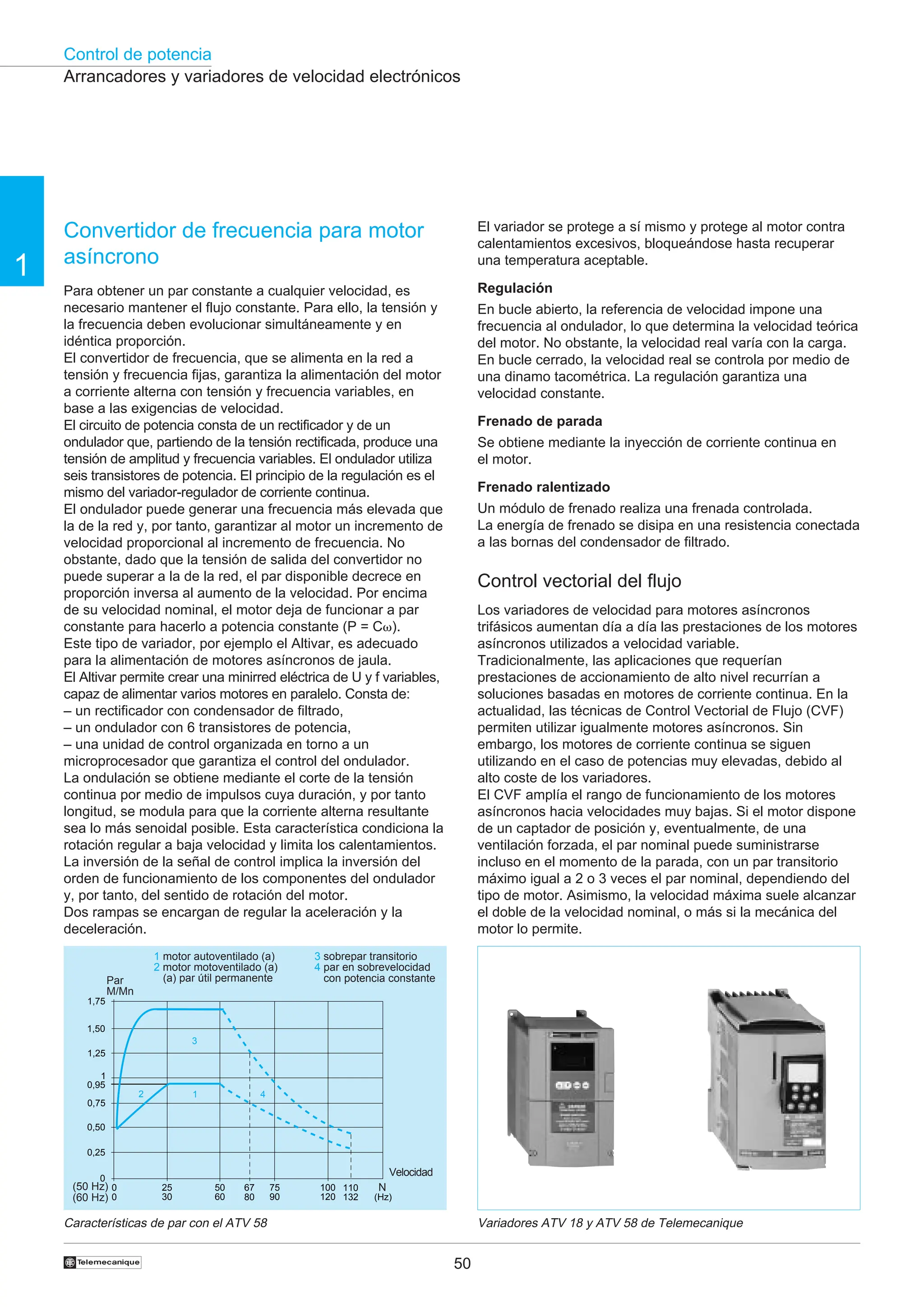 Control de potencia
50
†
1
1,75
1,50
1,25
1
0,95
0,75
0,50
0,25
0
0
25
30
50
60
67
80
75
90
100
120
110
132 (Hz)
0
2 4
1
3
Convertidor de frecuencia para motor
asíncrono
Para obtener un par constante a cualquier velocidad, es
necesario mantener el flujo constante. Para ello, la tensión y
la frecuencia deben evolucionar simultáneamente y en
idéntica proporción.
El convertidor de frecuencia, que se alimenta en la red a
tensión y frecuencia fijas, garantiza la alimentación del motor
a corriente alterna con tensión y frecuencia variables, en
base a las exigencias de velocidad.
El circuito de potencia consta de un rectificador y de un
ondulador que, partiendo de la tensión rectificada, produce una
tensión de amplitud y frecuencia variables. El ondulador utiliza
seis transistores de potencia. El principio de la regulación es el
mismo del variador-regulador de corriente continua.
El ondulador puede generar una frecuencia más elevada que
la de la red y, por tanto, garantizar al motor un incremento de
velocidad proporcional al incremento de frecuencia. No
obstante, dado que la tensión de salida del convertidor no
puede superar a la de la red, el par disponible decrece en
proporción inversa al aumento de la velocidad. Por encima
de su velocidad nominal, el motor deja de funcionar a par
constante para hacerlo a potencia constante (P = Cv).
Este tipo de variador, por ejemplo el Altivar, es adecuado
para la alimentación de motores asíncronos de jaula.
El Altivar permite crear una minirred eléctrica de U y f variables,
capaz de alimentar varios motores en paralelo. Consta de:
– un rectificador con condensador de filtrado,
– un ondulador con 6 transistores de potencia,
– una unidad de control organizada en torno a un
microprocesador que garantiza el control del ondulador.
La ondulación se obtiene mediante el corte de la tensión
continua por medio de impulsos cuya duración, y por tanto
longitud, se modula para que la corriente alterna resultante
sea lo más senoidal posible. Esta característica condiciona la
rotación regular a baja velocidad y limita los calentamientos.
La inversión de la señal de control implica la inversión del
orden de funcionamiento de los componentes del ondulador
y, por tanto, del sentido de rotación del motor.
Dos rampas se encargan de regular la aceleración y la
deceleración.
El variador se protege a sí mismo y protege al motor contra
calentamientos excesivos, bloqueándose hasta recuperar
una temperatura aceptable.
Regulación
En bucle abierto, la referencia de velocidad impone una
frecuencia al ondulador, lo que determina la velocidad teórica
del motor. No obstante, la velocidad real varía con la carga.
En bucle cerrado, la velocidad real se controla por medio de
una dinamo tacométrica. La regulación garantiza una
velocidad constante.
Frenado de parada
Se obtiene mediante la inyección de corriente continua en
el motor.
Frenado ralentizado
Un módulo de frenado realiza una frenada controlada.
La energía de frenado se disipa en una resistencia conectada
a las bornas del condensador de filtrado.
Control vectorial del flujo
Los variadores de velocidad para motores asíncronos
trifásicos aumentan día a día las prestaciones de los motores
asíncronos utilizados a velocidad variable.
Tradicionalmente, las aplicaciones que requerían
prestaciones de accionamiento de alto nivel recurrían a
soluciones basadas en motores de corriente continua. En la
actualidad, las técnicas de Control Vectorial de Flujo (CVF)
permiten utilizar igualmente motores asíncronos. Sin
embargo, los motores de corriente continua se siguen
utilizando en el caso de potencias muy elevadas, debido al
alto coste de los variadores.
El CVF amplía el rango de funcionamiento de los motores
asíncronos hacia velocidades muy bajas. Si el motor dispone
de un captador de posición y, eventualmente, de una
ventilación forzada, el par nominal puede suministrarse
incluso en el momento de la parada, con un par transitorio
máximo igual a 2 o 3 veces el par nominal, dependiendo del
tipo de motor. Asimismo, la velocidad máxima suele alcanzar
el doble de la velocidad nominal, o más si la mecánica del
motor lo permite.
Arrancadores y variadores de velocidad electrónicos
Par
M/Mn
Velocidad
(50 Hz)
(60 Hz)
1 motor autoventilado (a)
2 motor motoventilado (a)
(a) par útil permanente
3 sobrepar transitorio
4 par en sobrevelocidad
con potencia constante
Características de par con el ATV 58 Variadores ATV 18 y ATV 58 de Telemecanique
N
 