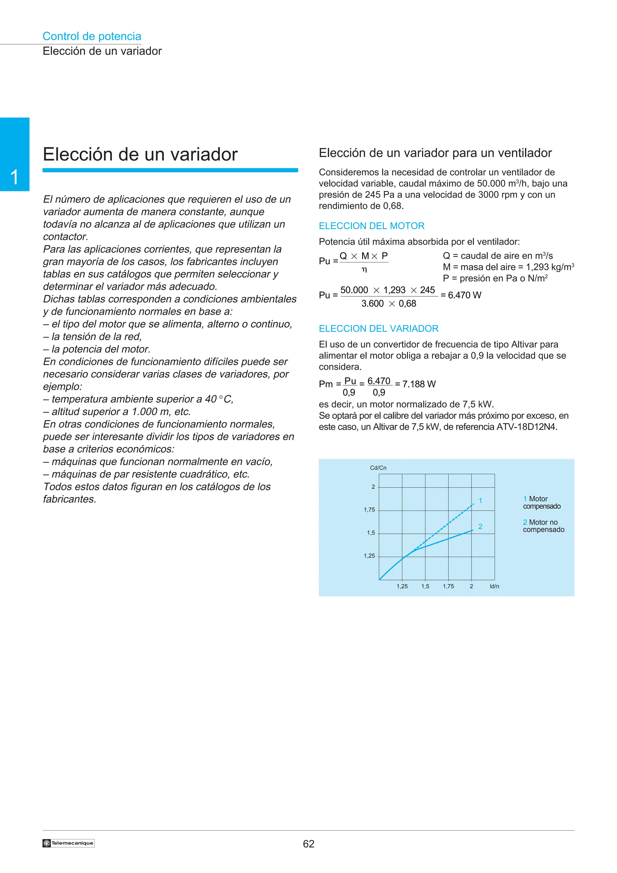 Control de potencia
62
†
1
Elección de un variador para un ventilador
Consideremos la necesidad de controlar un ventilador de
velocidad variable, caudal máximo de 50.000 m3
/h, bajo una
presión de 245 Pa a una velocidad de 3000 rpm y con un
rendimiento de 0,68.
ELECCION DEL MOTOR
Potencia útil máxima absorbida por el ventilador:
Pu =
Q 2 M2 P
h
Pu =
50.000 2 1,293 2 245
3.600 2 0,68
= 6.470 W
ELECCION DEL VARIADOR
El uso de un convertidor de frecuencia de tipo Altivar para
alimentar el motor obliga a rebajar a 0,9 la velocidad que se
considera.
Pm = Pu
0,9
= 6.470
0,9
= 7.188 W
es decir, un motor normalizado de 7,5 kW.
Se optará por el calibre del variador más próximo por exceso, en
este caso, un Altivar de 7,5 kW, de referencia ATV-18D12N4.
Q = caudal de aire en m3
/s
M = masa del aire = 1,293 kg/m3
P = presión en Pa o N/m2
Cd/Cn
2
1,75
1,5
1,25
1,25 1,5 1,75 2 ld/n
Elección de un variador
El número de aplicaciones que requieren el uso de un
variador aumenta de manera constante, aunque
todavía no alcanza al de aplicaciones que utilizan un
contactor.
Para las aplicaciones corrientes, que representan la
gran mayoría de los casos, los fabricantes incluyen
tablas en sus catálogos que permiten seleccionar y
determinar el variador más adecuado.
Dichas tablas corresponden a condiciones ambientales
y de funcionamiento normales en base a:
– el tipo del motor que se alimenta, alterno o continuo,
– la tensión de la red,
– la potencia del motor.
En condiciones de funcionamiento difíciles puede ser
necesario considerar varias clases de variadores, por
ejemplo:
– temperatura ambiente superior a 40 °C,
– altitud superior a 1.000 m, etc.
En otras condiciones de funcionamiento normales,
puede ser interesante dividir los tipos de variadores en
base a criterios económicos:
– máquinas que funcionan normalmente en vacío,
– máquinas de par resistente cuadrático, etc.
Todos estos datos figuran en los catálogos de los
fabricantes.
Elección de un variador
1 Motor
compensado
2 Motor no
compensado
2
1
 