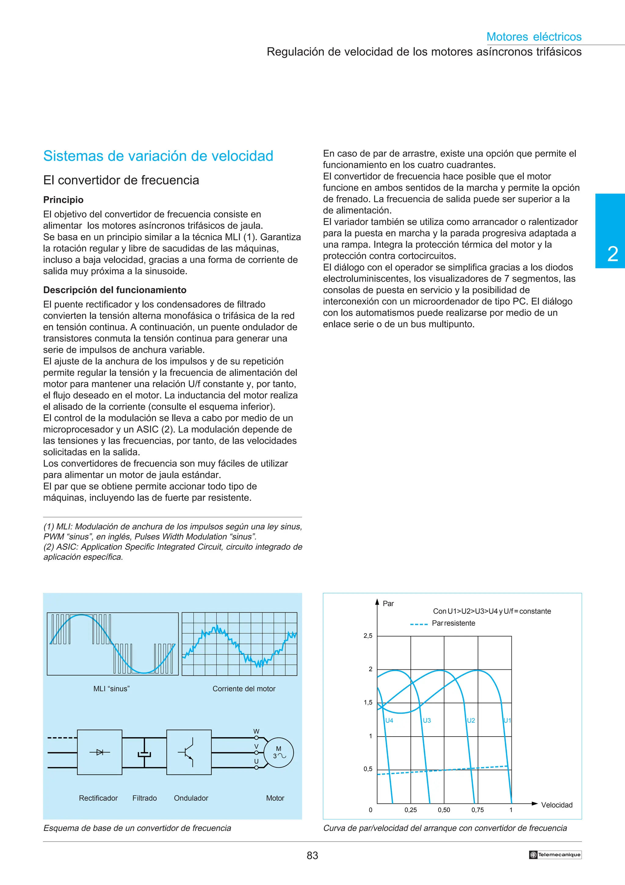 83
2
Motores eléctricos
†
2,5
2
1,5
1
0,5
0 0,25 0,50 0,75 1
U4 U3 U2 U1
Regulación de velocidad de los motores asíncronos trifásicos
Sistemas de variación de velocidad
El convertidor de frecuencia
Principio
El objetivo del convertidor de frecuencia consiste en
alimentar los motores asíncronos trifásicos de jaula.
Se basa en un principio similar a la técnica MLI (1). Garantiza
la rotación regular y libre de sacudidas de las máquinas,
incluso a baja velocidad, gracias a una forma de corriente de
salida muy próxima a la sinusoide.
Descripción del funcionamiento
El puente rectificador y los condensadores de filtrado
convierten la tensión alterna monofásica o trifásica de la red
en tensión continua. A continuación, un puente ondulador de
transistores conmuta la tensión continua para generar una
serie de impulsos de anchura variable.
El ajuste de la anchura de los impulsos y de su repetición
permite regular la tensión y la frecuencia de alimentación del
motor para mantener una relación U/f constante y, por tanto,
el flujo deseado en el motor. La inductancia del motor realiza
el alisado de la corriente (consulte el esquema inferior).
El control de la modulación se lleva a cabo por medio de un
microprocesador y un ASIC (2). La modulación depende de
las tensiones y las frecuencias, por tanto, de las velocidades
solicitadas en la salida.
Los convertidores de frecuencia son muy fáciles de utilizar
para alimentar un motor de jaula estándar.
El par que se obtiene permite accionar todo tipo de
máquinas, incluyendo las de fuerte par resistente.
(1) MLI: Modulación de anchura de los impulsos según una ley sinus,
PWM “sinus”, en inglés, Pulses Width Modulation “sinus”.
(2) ASIC: Application Specific Integrated Circuit, circuito integrado de
aplicación específica.
Parresistente
Par
Velocidad
En caso de par de arrastre, existe una opción que permite el
funcionamiento en los cuatro cuadrantes.
El convertidor de frecuencia hace posible que el motor
funcione en ambos sentidos de la marcha y permite la opción
de frenado. La frecuencia de salida puede ser superior a la
de alimentación.
El variador también se utiliza como arrancador o ralentizador
para la puesta en marcha y la parada progresiva adaptada a
una rampa. Integra la protección térmica del motor y la
protección contra cortocircuitos.
El diálogo con el operador se simplifica gracias a los diodos
electroluminiscentes, los visualizadores de 7 segmentos, las
consolas de puesta en servicio y la posibilidad de
interconexión con un microordenador de tipo PC. El diálogo
con los automatismos puede realizarse por medio de un
enlace serie o de un bus multipunto.
Esquema de base de un convertidor de frecuencia
Rectificador Filtrado Ondulador Motor
MLI “sinus” Corriente del motor
Curva de par/velocidad del arranque con convertidor de frecuencia
ConU1>U2>U3>U4yU/f=constante
M
3
U
W
V
 
