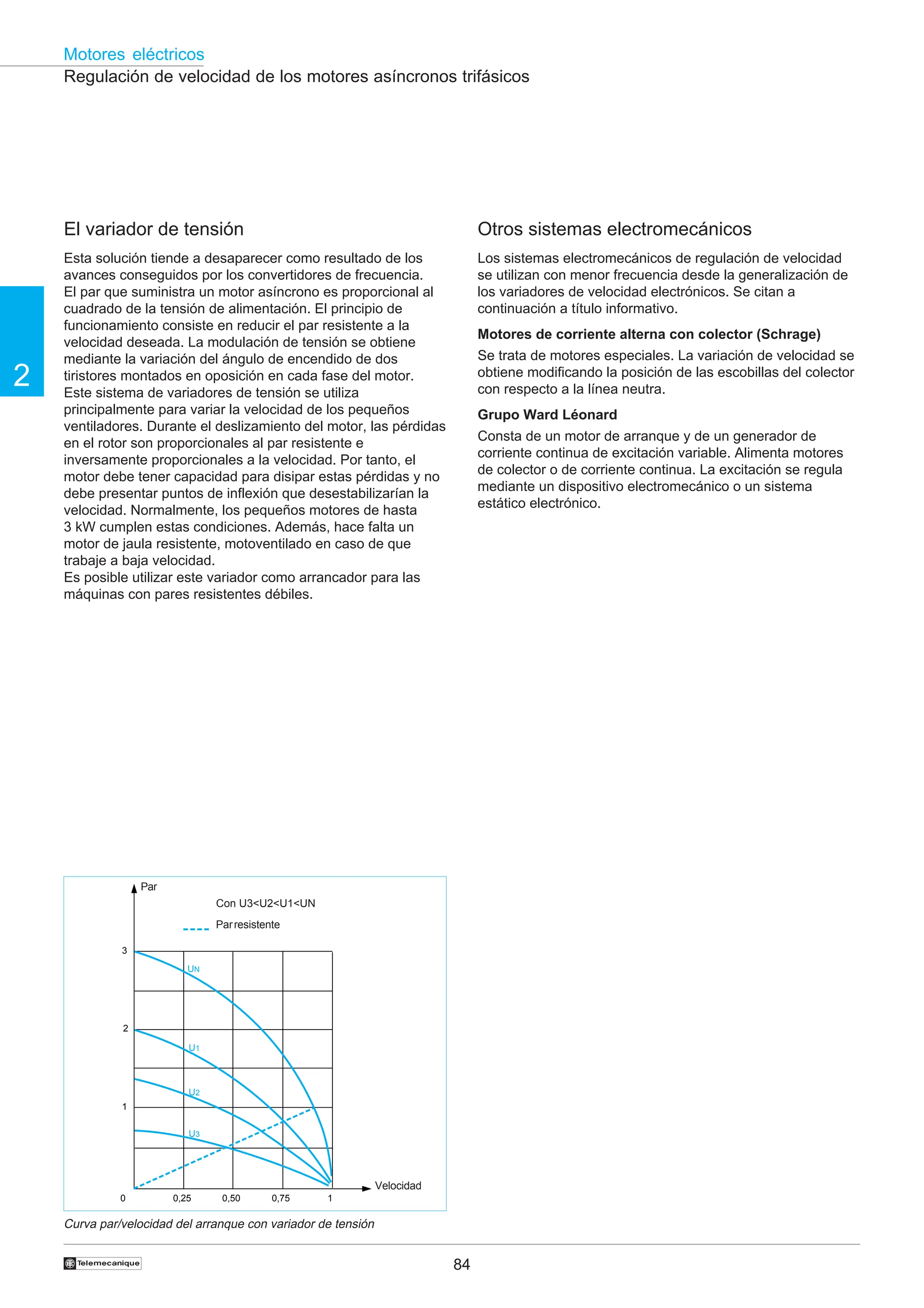 84
2
Motores eléctricos
†
3
2
1
0 0,25 0,50 0,75 1
UN
U1
U2
U3
Regulación de velocidad de los motores asíncronos trifásicos
El variador de tensión
Esta solución tiende a desaparecer como resultado de los
avances conseguidos por los convertidores de frecuencia.
El par que suministra un motor asíncrono es proporcional al
cuadrado de la tensión de alimentación. El principio de
funcionamiento consiste en reducir el par resistente a la
velocidad deseada. La modulación de tensión se obtiene
mediante la variación del ángulo de encendido de dos
tiristores montados en oposición en cada fase del motor.
Este sistema de variadores de tensión se utiliza
principalmente para variar la velocidad de los pequeños
ventiladores. Durante el deslizamiento del motor, las pérdidas
en el rotor son proporcionales al par resistente e
inversamente proporcionales a la velocidad. Por tanto, el
motor debe tener capacidad para disipar estas pérdidas y no
debe presentar puntos de inflexión que desestabilizarían la
velocidad. Normalmente, los pequeños motores de hasta
3 kW cumplen estas condiciones. Además, hace falta un
motor de jaula resistente, motoventilado en caso de que
trabaje a baja velocidad.
Es posible utilizar este variador como arrancador para las
máquinas con pares resistentes débiles.
Otros sistemas electromecánicos
Los sistemas electromecánicos de regulación de velocidad
se utilizan con menor frecuencia desde la generalización de
los variadores de velocidad electrónicos. Se citan a
continuación a título informativo.
Motores de corriente alterna con colector (Schrage)
Se trata de motores especiales. La variación de velocidad se
obtiene modificando la posición de las escobillas del colector
con respecto a la línea neutra.
Grupo Ward Léonard
Consta de un motor de arranque y de un generador de
corriente continua de excitación variable. Alimenta motores
de colector o de corriente continua. La excitación se regula
mediante un dispositivo electromecánico o un sistema
estático electrónico.
Parresistente
Par
Velocidad
Curva par/velocidad del arranque con variador de tensión
Con U3<U2<U1<UN
 
