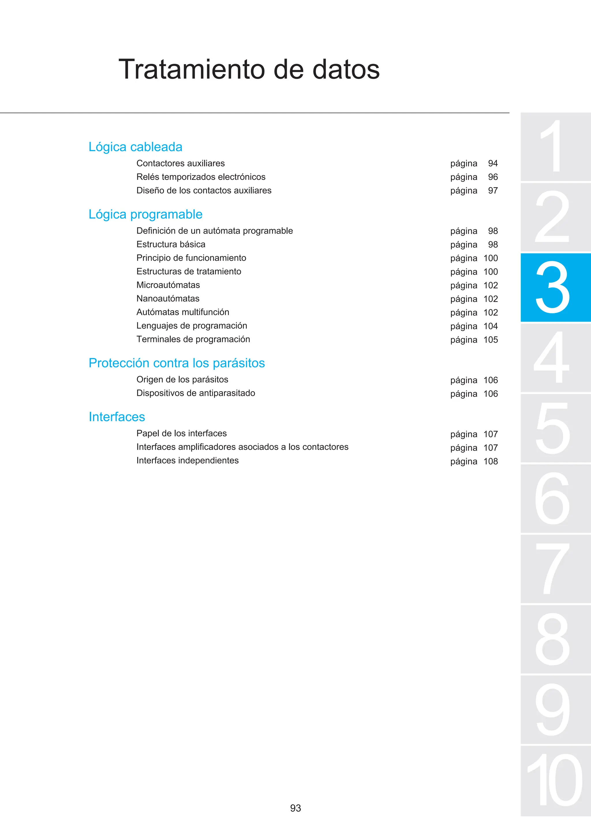 1
2
3
4
5
6
7
8
9
10
Tratamiento de datos
página
página
página
página
página
página
página
página
página
página
página
página
página
página
página
página
página
Lógica cableada
Contactores auxiliares
Relés temporizados electrónicos
Diseño de los contactos auxiliares
Lógica programable
Definición de un autómata programable
Estructura básica
Principio de funcionamiento
Estructuras de tratamiento
Microautómatas
Nanoautómatas
Autómatas multifunción
Lenguajes de programación
Terminales de programación
Protección contra los parásitos
Origen de los parásitos
Dispositivos de antiparasitado
Interfaces
Papel de los interfaces
Interfaces amplificadores asociados a los contactores
Interfaces independientes
94
96
97
98
98
100
100
102
102
102
104
105
106
106
107
107
108
93
 