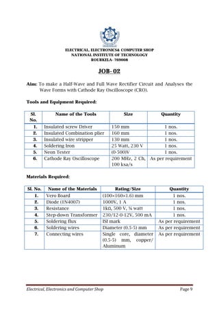 Electrical, Electronics and Computer Shop Page 9
ELECTRICAL, ELECTRONICS& COMPUTER SHOP
NATIONAL INSTITUTE OF TECHNOLOGY
ROURKELA-769008
JOB-02
Aim: To make a Half-Wave and Full Wave Rectifier Circuit and Analyses the
Wave Forms with Cathode Ray Oscilloscope (CRO).
Tools and Equipment Required:
Sl.
No.
Name of the Tools Size Quantity
1. Insulated screw Driver 150 mm 1 nos.
2. Insulated Combination plier 160 mm 1 nos.
3. Insulated wire stripper 130 mm 1 nos.
4. Soldering Iron 25 Watt, 230 V 1 nos.
5. Neon Tester (0-500)V 1 nos.
6. Cathode Ray Oscilloscope 200 MHz, 2 Ch,
100 ksa/s
As per requirement
Materials Required:
Sl. No. Name of the Materials Rating/Size Quantity
1. Vero Board (100×160×1.6) mm 1 nos.
2. Diode (1N4007) 1000V, 1 A 1 nos.
3. Resistance 1kΩ, 500 V, ¼ watt 1 nos.
4. Step-down Transformer 230/12-0-12V, 500 mA 1 nos.
5. Soldering flux ISI mark As per requirement
6. Soldering wires Diameter (0.5-5) mm As per requirement
7. Connecting wires Single core, diameter
(0.5-5) mm, copper/
Aluminum
As per requirement
 