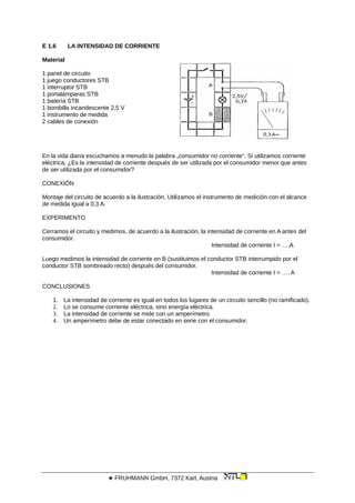 E 1.6 LA INTENSIDAD DE CORRIENTE
Material
1 panel de circuito
1 juego conductores STB
1 interruptor STB
1 portalámparas STB
1 batería STB
1 bombilla incandescente 2,5 V
1 instrumento de medida
2 cables de conexión
En la vida diaria escuchamos a menudo la palabra „consumidor no corriente“. Si utilizamos corriente
eléctrica, ¿Es la intensidad de corriente después de ser utilizada por el consumidor menor que antes
de ser utilizada por el consumidor?
CONEXIÓN
Montaje del circuito de acuerdo a la ilustración. Utilizamos el instrumento de medición con el alcance
de medida igual a 0,3 A.
EXPERIMENTO
Cerramos el circuito y medimos, de acuerdo a la ilustración, la intensidad de corriente en A antes del
consumidor.
Intensidad de corriente I = ….A
Luego medimos la intensidad de corriente en B (sustituimos el conductor STB interrumpido por el
conductor STB sombreado recto) después del consumidor.
Intensidad de corriente I = …. A
CONCLUSIONES
1. La intensidad de corriente es igual en todos los lugares de un circuito sencillo (no ramificado).
2. Lo se consume corriente eléctrica, sino energía eléctrica.
3. La intensidad de corriente se mide con un amperímetro.
4. Un amperímetro debe de estar conectado en serie con el consumidor.
 FRUHMANN GmbH, 7372 Karl, Austria
 