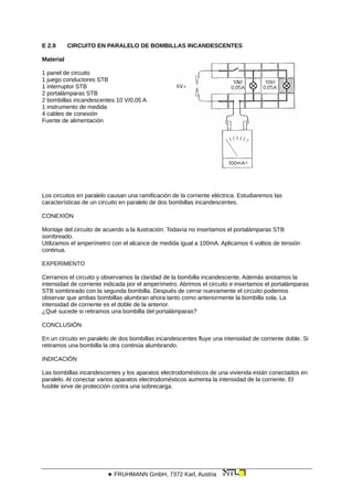 E 2.9 CIRCUITO EN PARALELO DE BOMBILLAS INCANDESCENTES
Material
1 panel de circuito
1 juego conductores STB
1 interruptor STB
2 portalámparas STB
2 bombillas incandescentes 10 V/0,05 A
1 instrumento de medida
4 cables de conexión
Fuente de alimentación
Los circuitos en paralelo causan una ramificación de la corriente eléctrica. Estudiaremos las
características de un circuito en paralelo de dos bombillas incandescentes.
CONEXIÓN
Montaje del circuito de acuerdo a la ilustración. Todavía no insertamos el portalámparas STB
sombreado.
Utilizamos el amperímetro con el alcance de medida igual a 100mA. Aplicamos 6 voltios de tensión
continua.
EXPERIMENTO
Cerramos el circuito y observamos la claridad de la bombilla incandescente. Además anotamos la
intensidad de corriente indicada por el amperímetro. Abrimos el circuito e insertamos el portalámparas
STB sombreado con la segunda bombilla. Después de cerrar nuevamente el circuito podemos
observar que ambas bombillas alumbran ahora tanto como anteriormente la bombilla sola. La
intensidad de corriente es el doble de la anterior.
¿Qué sucede si retiramos una bombilla del portalámparas?
CONCLUSIÓN
En un circuito en paralelo de dos bombillas incandescentes fluye una intensidad de corriente doble. Si
retiramos una bombilla la otra continúa alumbrando.
INDICACIÓN
Las bombillas incandescentes y los aparatos electrodomésticos de una vivienda están conectados en
paralelo. Al conectar varios aparatos electrodomésticos aumenta la intensidad de la corriente. El
fusible sirve de protección contra una sobrecarga.
 FRUHMANN GmbH, 7372 Karl, Austria
 