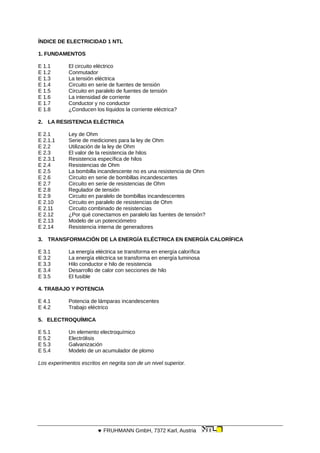 ÍNDICE DE ELECTRICIDAD 1 NTL
1. FUNDAMENTOS
E 1.1 El circuito eléctrico
E 1.2 Conmutador
E 1.3 La tensión eléctrica
E 1.4 Circuito en serie de fuentes de tensión
E 1.5 Circuito en paralelo de fuentes de tensión
E 1.6 La intensidad de corriente
E 1.7 Conductor y no conductor
E 1.8 ¿Conducen los líquidos la corriente eléctrica?
2. LA RESISTENCIA ELÉCTRICA
E 2.1 Ley de Ohm
E 2.1.1 Serie de mediciones para la ley de Ohm
E 2.2 Utilización de la ley de Ohm
E 2.3 El valor de la resistencia de hilos
E 2.3.1 Resistencia específica de hilos
E 2.4 Resistencias de Ohm
E 2.5 La bombilla incandescente no es una resistencia de Ohm
E 2.6 Circuito en serie de bombillas incandescentes
E 2.7 Circuito en serie de resistencias de Ohm
E 2.8 Regulador de tensión
E 2.9 Circuito en paralelo de bombillas incandescentes
E 2.10 Circuito en paralelo de resistencias de Ohm
E 2.11 Circuito combinado de resistencias
E 2.12 ¿Por qué conectamos en paralelo las fuentes de tensión?
E 2.13 Modelo de un potenciómetro
E 2.14 Resistencia interna de generadores
3. TRANSFORMACIÓN DE LA ENERGÍA ELÉCTRICA EN ENERGÍA CALORÍFICA
E 3.1 La energía eléctrica se transforma en energía calorífica
E 3.2 La energía eléctrica se transforma en energía luminosa
E 3.3 Hilo conductor e hilo de resistencia
E 3.4 Desarrollo de calor con secciones de hilo
E 3.5 El fusible
4. TRABAJO Y POTENCIA
E 4.1 Potencia de lámparas incandescentes
E 4.2 Trabajo eléctrico
5. ELECTROQUÍMICA
E 5.1 Un elemento electroquímico
E 5.2 Electrólisis
E 5.3 Galvanización
E 5.4 Modelo de un acumulador de plomo
Los experimentos escritos en negrita son de un nivel superior.
 FRUHMANN GmbH, 7372 Karl, Austria
 