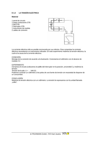 E 1.3 LA TENSIÓN ELÉCTRICA
Material
1 panel de circuito
1 juego conductores STB
1 pila STB
1 interruptor STB
1 instrumento de medida
2 cables de conexión
La corriente eléctrica sólo es posible reconocerla por sus efectos. Para comprobar la corriente
eléctrica necesitamos un instrumento indicador. En este experimento medimos la tensión eléctrica, la
cual es la causa de la corriente eléctrica.
CONEXIÓN
Montaje de la conexión de acuerdo a la ilustración. Conectamos el voltímetro con el alcance de
medida 3 V.
EXPERIMENTO
Cerramos el circuito (colocamos el palillo del interruptor en la posición „encendido“) y medimos la
tensión.
Tensión de la pila: U = … Volt (V).
Podemos conectar un voltímetro a los polos de una fuente de tensión sin necesidad de disponer de
un consumidor.
CONCLUSIÓN
Medimos la tensión eléctrica con un voltímetro. La tensión la expresamos con la unidad llamada
„voltio“.
 FRUHMANN GmbH, 7372 Karl, Austria
 