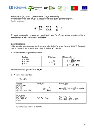 44
Potência útil (Pu) = U x I (potência que chega ao circuito).
Potência eléctrica total (Pet ) = E x I (potência total que o gerador dispões).
Assim teremos:
ƞ =
Pu
Pet
=
U x I
E x I
=
U
E
< 1
É usual apresentar o valor do rendimento em %. Como vimos anteriormente, o
rendimento ƞ não apresenta unidades.
Exemplo prático:
- Um gerador tem nos seus terminais a tensão de 50V e a sua f.e.m. é de 52V. Sabendo
que a potência fornecida a uma carga é de 250 W, calcule:
1- O rendimento do gerador eléctrico
Dados Fórmula Resolução
U = 50V
E = 25V
Ƞ = ?
x 100
O rendimento do gerador é de 96,1%.
2 - A potência de perdas
(Pab = Pet)
Dados Fórmula Resolução
Pu = 250W
Pab = ?
Ƞ = 96,1% = 0,961
ƞ Ƞ W
Pu = 250W
Pab = 260 W
Pper = ?
Pu = Pab - P per
Pper = Pab - Pu
Pper = 260 - 250 = 10W
A potência de perdas é de 10W
 