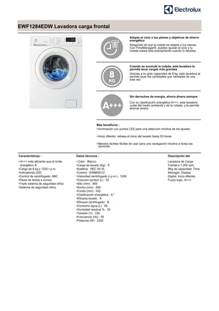 EWF1284EDW Lavadora carga frontal
Adapta el ciclo a tus planes y objetivos de ahorro
energético
Asegúrate de que la colada se adapta a tus planes.
Con TimeManager®, puedes ajustar el ciclo y tu
colada estará lista exactamente cuando lo decidas.
Cuando se acumule la colada, esta lavadora te
permite lavar cargas más grandes
Gracias a su gran capacidad de 8 kg, esta lavadora te
permite lavar las cantidades que necesites de una
sola vez.
Sin derroches de energía, ahorra dinero siempre
Con su clasificación energética A+++, esta lavadora
cuida del medio ambiente y de la colada, y te permite
ahorrar dinero.
Más beneficios :
Iluminación con puntos LED para una selección intuitiva de los ajustes•
Inicio diferido: retrasa el inicio del lavado hasta 20 horas•
Mandos táctiles fáciles de usar para una navegación intuitiva a todas las
opciones
•
Características :
A+++ más eficiente que el límite
energético A
•
Carga de 8 kg y 1200 r.p.m.•
Indicadores LED•
Control de centrifugado: ABC•
Panel de textos e iconos•
Triple sistema de seguridad niños•
Sistema de seguridad niños•
Datos técnicos :
Color : Blanco•
Carga de lavado (Kg) : 8•
Estética : HEC 54 XL•
Control : EWM09312•
Velocidad centrifugado (r.p.m.) : 1200•
Volumen tambor (L) : 52•
Alto (mm) : 850•
Ancho (mm) : 600•
Fondo (mm) : 522•
Clasificación energética : A *•
Eficacia lavado : A•
Eficacia centrifugado : B•
Consumo agua (L) : 56•
Humedad residual % : 53•
Tensión (V) : 230•
Frecuencia (Hz) : 50•
Potencia (W) : 2200•
Descripción del
Lavadora de Carga
Frontal a 1.200 rpm,
8Kg de capacidad, Time
Manager, Display
Digital, Inicio diferido,
Fuzzy logic, A+++
 