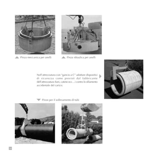 106
Nell’attrezzatura con “gancio a C” adottare dispositivi
di sicurezza come previsti dal fabbricante
dell’attrezzatura (funi, catene ecc…) contro lo sfilamento
accidentale del carico.
Pinza meccanica per anelli Pinza idraulica per anelli
Pinze per il sollevamento di tubi
 