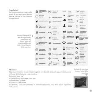 Segnalazioni
Le informazioni necessarie alla
guida di una macchina devono
essere chiare e facilmente
comprensibili.
11
Esempio in generale di
spie di segnalazione
visualizzato nel
display posto nel
cruscotto all’interno
della cabina di guida
delle macchine
Marcatura
Ogni macchina deve recare in modo leggibile ed indelebile almeno le seguenti indicazioni:
a) Nome del fabbricante e suo indirizzo
b) La marcatura “ce”
c) Designazione della serie o del tipo
d) Eventuale n° di serie
e) L’anno di costruzione
Se destinata ad essere utilizzata in atmosfera esplosiva, essa deve recare l’apposita
indicazione.
Targhetta di marcatura
fissata al telaio della
macchina
 