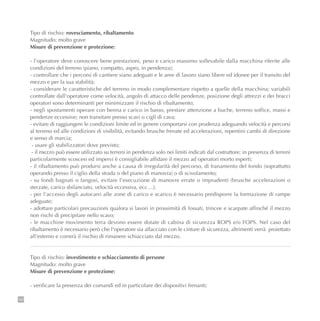 142
Tipo di rischio: rovesciamento, ribaltamento
Magnitudo: molto grave
Misure di prevenzione e protezione:
- l'operatore deve conoscere bene prestazioni, peso e carico massimo sollevabile dalla macchina riferite alle
condizioni del terreno (piano, compatto, aspro, in pendenza);
- controllare che i percorsi di cantiere siano adeguati e le aree di lavoro siano libere ed idonee per il transito del
mezzo e per la sua stabilità;
- considerare le caratteristiche del terreno in modo complementare rispetto a quelle della macchina; variabili
controllate dall'operatore come velocità, angolo di attacco delle pendenze, posizione degli attrezzi e dei bracci
operatori sono determinanti per minimizzare il rischio di ribaltamento;
- negli spostamenti operare con benna e carico in basso, prestare attenzione a buche, terreno soffice, massi e
pendenze eccessive; non transitare presso scavi o cigli di cava;
- evitare di raggiungere le condizioni limite ed in genere comportarsi con prudenza adeguando velocità e percorsi
al terreno ed alle condizioni di visibilità, evitando brusche frenate ed accelerazioni, repentini cambi di direzione
e senso di marcia;
- usare gli stabilizzatori dove previsto;
- il mezzo può essere utilizzato su terreni in pendenza solo nei limiti indicati dal costruttore; in presenza di terreni
particolarmente scoscesi ed impervi è consigliabile affidare il mezzo ad operatori morto esperti;
- il ribaltamento può prodursi anche a causa di irregolarità del percorso, di franamento del fondo (soprattutto
operando presso il ciglio della strada o del piano di manovra) o di scivolamento;
- su fondi bagnati o fangosi, evitare l’esecuzione di manovre errate o imprudenti (brusche accelerazioni o
sterzate, carico sbilanciato, velocità eccessiva, ecc…);
- per l'accesso degli autocarri alle zone di carico e scarico è necessario predisporre la formazione di rampe
adeguate;
- adottare particolari precauzioni qualora si lavori in prossimità di fossati, trincee e scarpate affinché il mezzo
non rischi di precipitare nello scavo;
- le macchine movimento terra devono essere dotate di cabina di sicurezza ROPS e/o FOPS. Nel caso del
ribaltamento è necessario però che l'operatore sia allacciato con le cinture di sicurezza, altrimenti verrà proiettato
all'esterno e correrà il rischio di rimanere schiacciato dal mezzo.
Tipo di rischio: investimento e schiacciamento di persone
Magnitudo: molto grave
Misure di prevenzione e protezione:
- verificare la presenza dei comandi ed in particolare dei dispositivi frenanti;
 