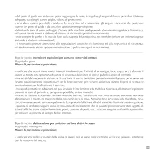 145
- dal posto di guida non si devono poter raggiungere le ruote, i cingoli o gli organi di lavoro pericolosi (distanze
adeguate, parafanghi, carter, griglie, cabina di protezione);
- non deve essere possibile condurre la macchina né comandare gli organi lavoratori da posizioni
diverse del posto di guida o da posizioni appositamente predisposte;
-delimitare la zona di lavoro, nel raggio d'azione della macchina predisponendo sbarramenti e segnaletica di sicurezza;
- è buona norma tenersi a distanza di sicurezza dai mezzi operativi in movimento;
- non sporgere le gambe o le braccia fuori dalla sagoma della macchina, ne potrebbe derivare un infortunio grave
andando a sbattere contro ostacoli;
- è necessario prestare attenzione alle segnalazioni acustiche e/o luminose ed alla segnaletica di sicurezza;
- è assolutamente vietato operare manutenzione o pulizia su organi in movimento.
Tipo di rischio: incendio ed esplosioni per contatto con servizi interrati
Magnitudo: grave
Misure di prevenzione e protezione:
- verificare che non vi siano servizi interrati interferenti con l'attività di scavo (gas, luce, acqua, ecc.); durante il
lavoro va tenuta una opportuna distanza di sicurezza dalle linee di servizi pubblici aeree ed interrate;
- in caso si debba operare in vicinanza di una linea di servizi, contattare preventivamente il gestore per riconoscere
l'esatto posizionamento (in particolare per le linee interrate) per ricevere assistenza durante l'opera di ricerca ed
eventualmente per far disattivare il servizio;
- In caso di contatti con tubazioni del gas, avvisare l'Ente fornitore e la Pubblica Sicurezza, allontanare le persone
presenti in zona di pericolo e, per quanto possibile, evitare inneschi;
- in caso di contatto accidentale con linee elettriche interrate, l'addetto alla macchina (se ancora cosciente) non deve
abbandonare il mezzo, né muoversi dalla posizione in cui si trova. Nessuno deve avvicinarsi alla macchina, né ai
cavi; è invece necessario avvisare rapidamente il proprietario della linea affinchè sia subito disattivata la sua erogazione;
- qualora si debbano eseguire scavi in prossimità di insediamenti che in passato possono essere stati oggetto di
azioni belliche, come stazioni ferroviarie, ponti, caserme, depositi, ecc... occorre eseguire una bonifica preventiva
per rilevare la presenza di ordigni bellici interrati.
Tipo di rischio: elettrocuzione per contatto con linee elettriche aeree
Magnitudo: molto grave
Misure di prevenzione e protezione:
- verificare che nelle vicinanze della zona di lavoro non vi siano linee elettriche aeree che possano interferire
con le manovre del mezzo;
 